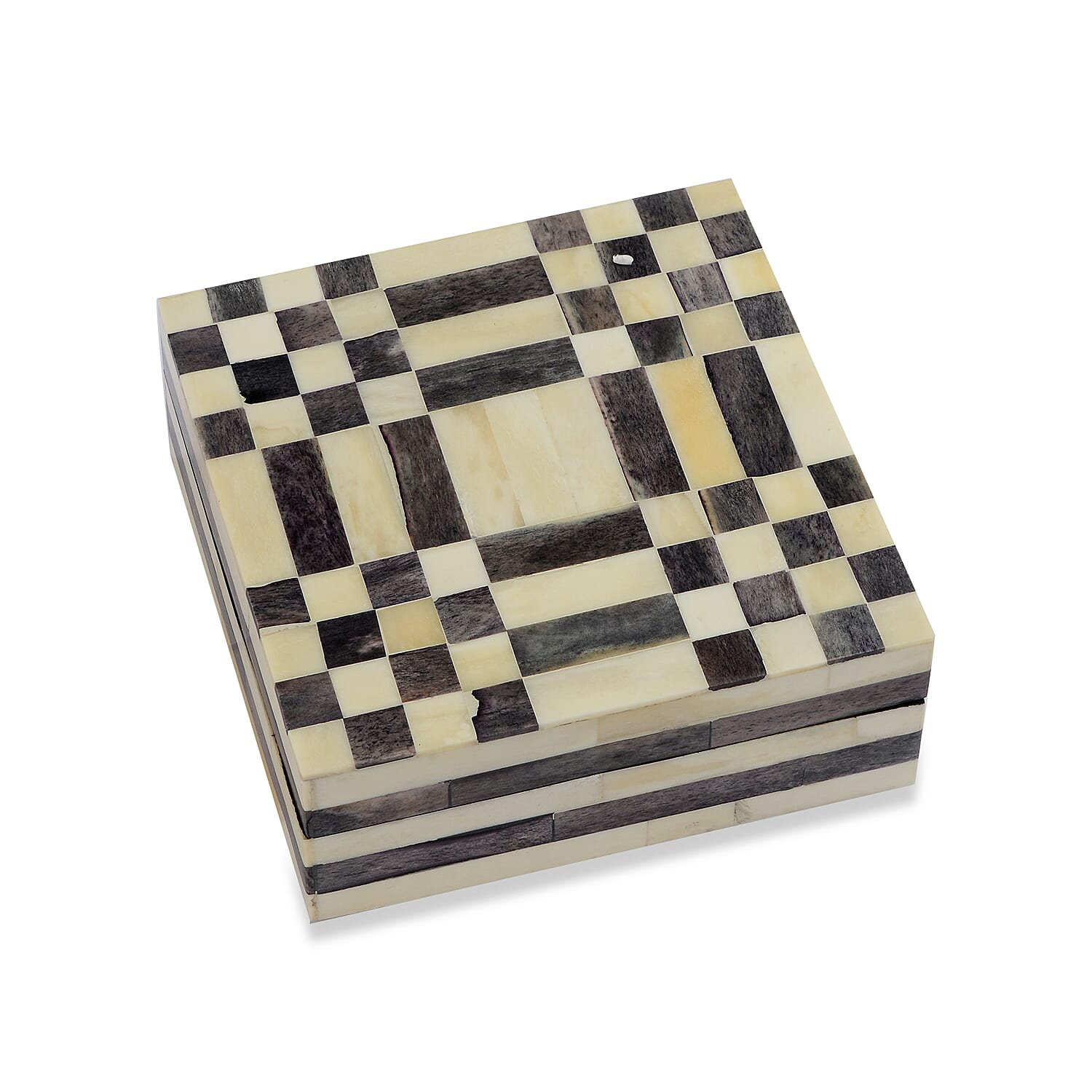 Chequered Pattern Handmade Bone and MDF Storage Box with Inside Velvet Lining (Size 15.5x15.5x6 Cm) - Black and White
