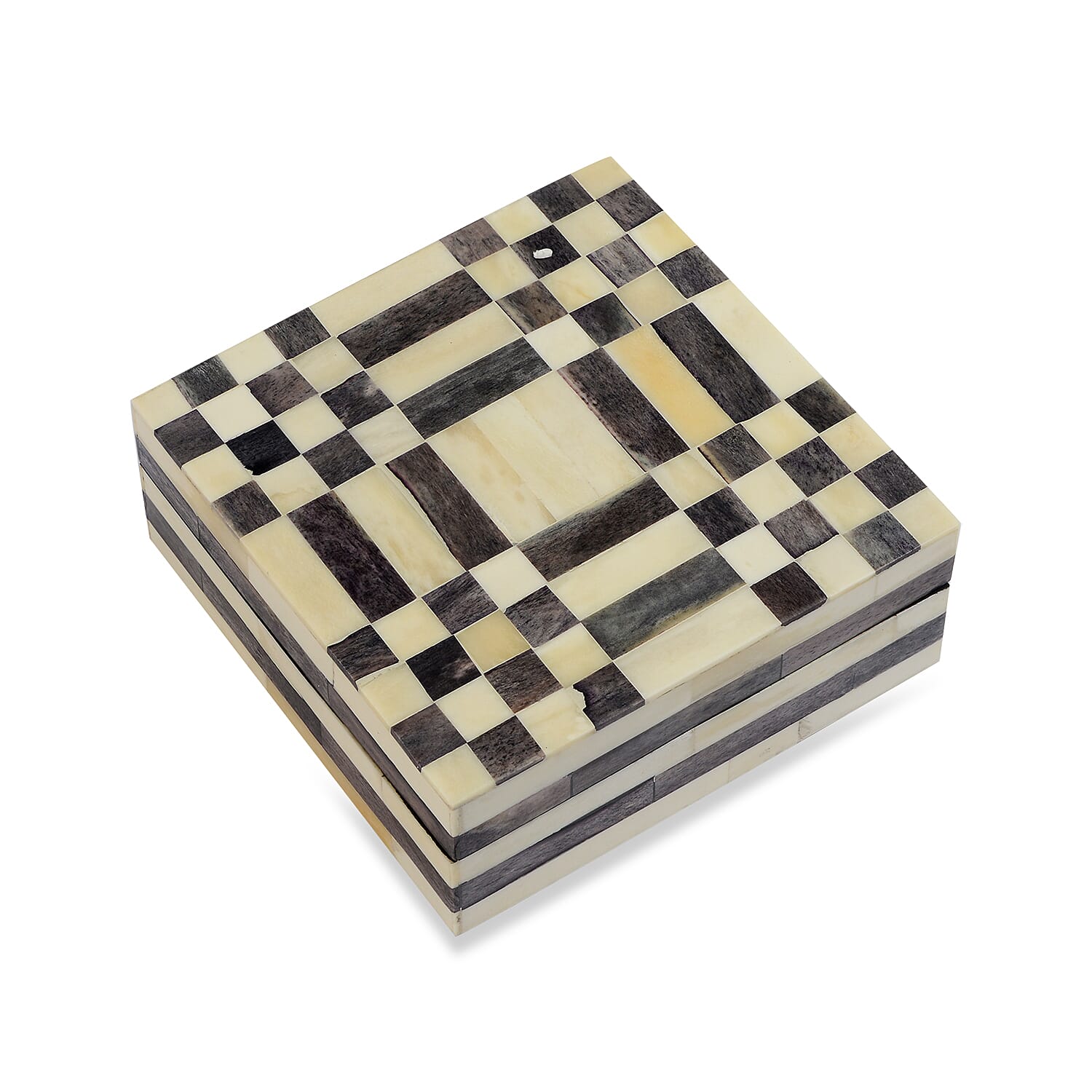 Chequered Pattern Handmade Bone and MDF Storage Box with Inside Velvet Lining (Size 15.5x15.5x6 Cm) - Black and White
