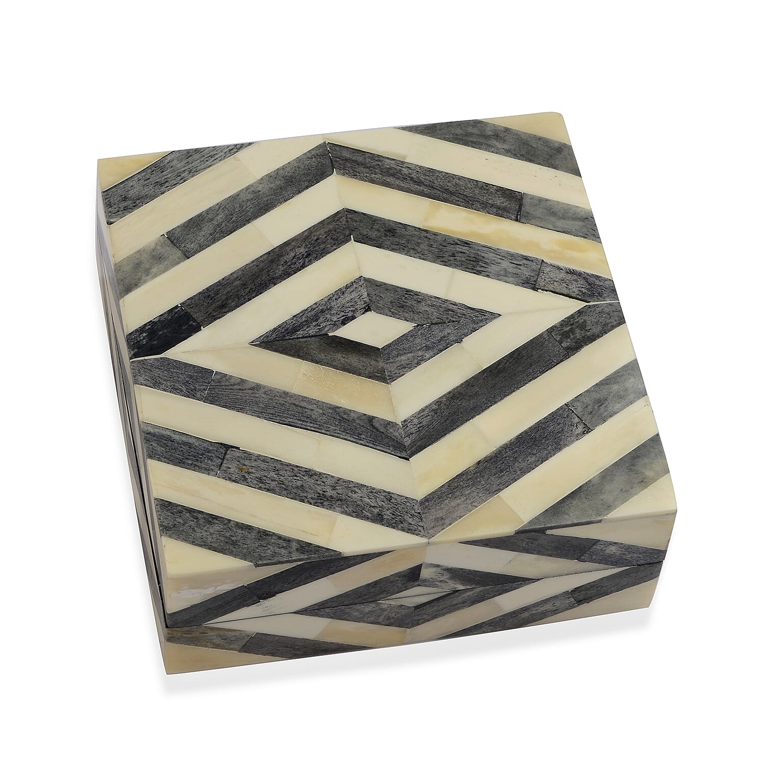 Chevron Pattern Handmade Bone and MDF Storage Box with Inside Velvet Lining (Size 15.5x15.5x6 Cm) - Black and White