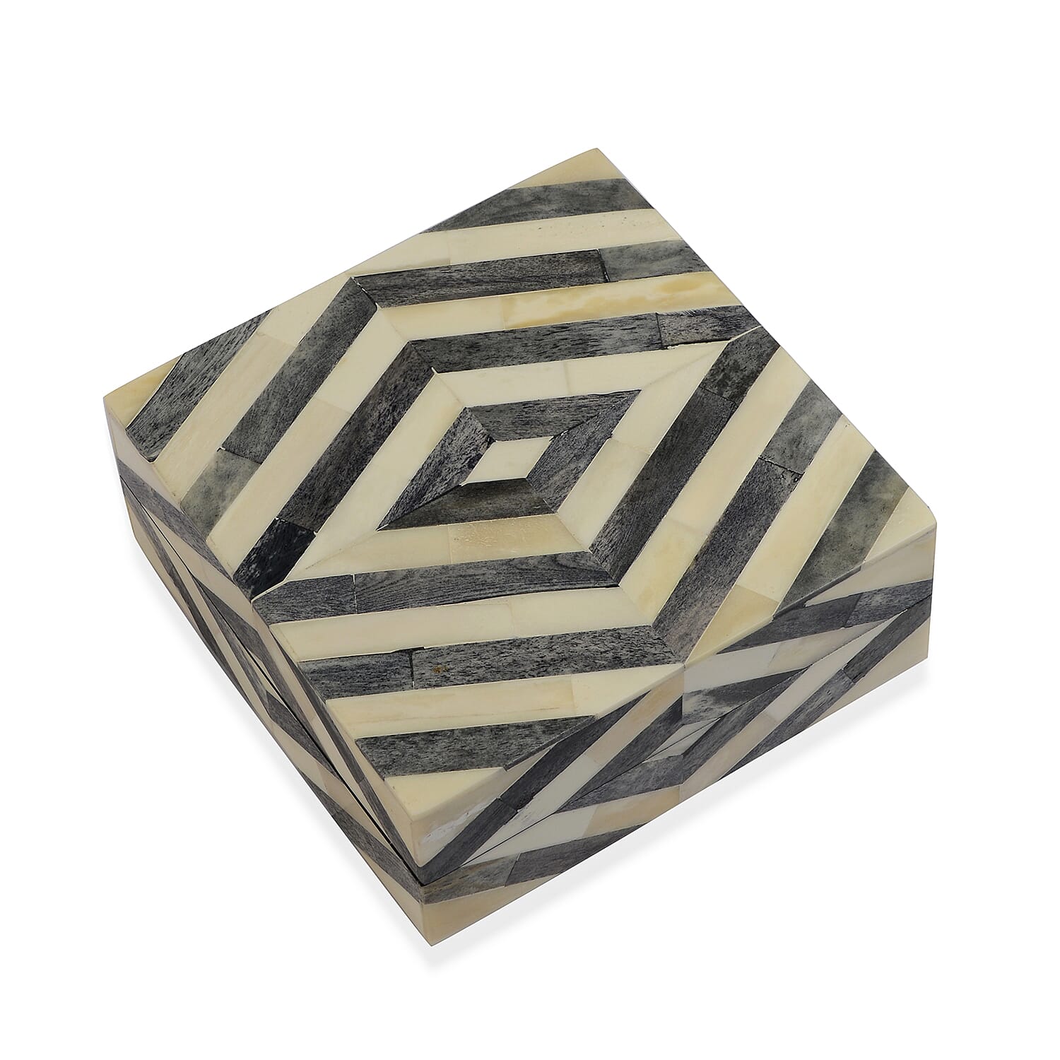 Chevron Pattern Handmade Bone and MDF Storage Box with Inside Velvet Lining (Size 15.5x15.5x6 Cm) - Black and White