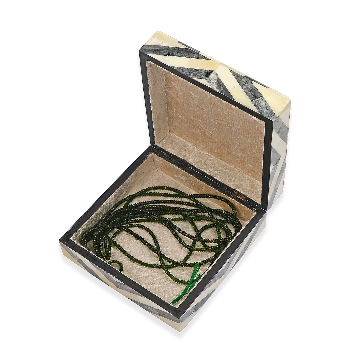 Chevron Pattern Handmade Bone and MDF Storage Box with Inside Velvet Lining (Size 15.5x15.5x6 Cm) - Black and White