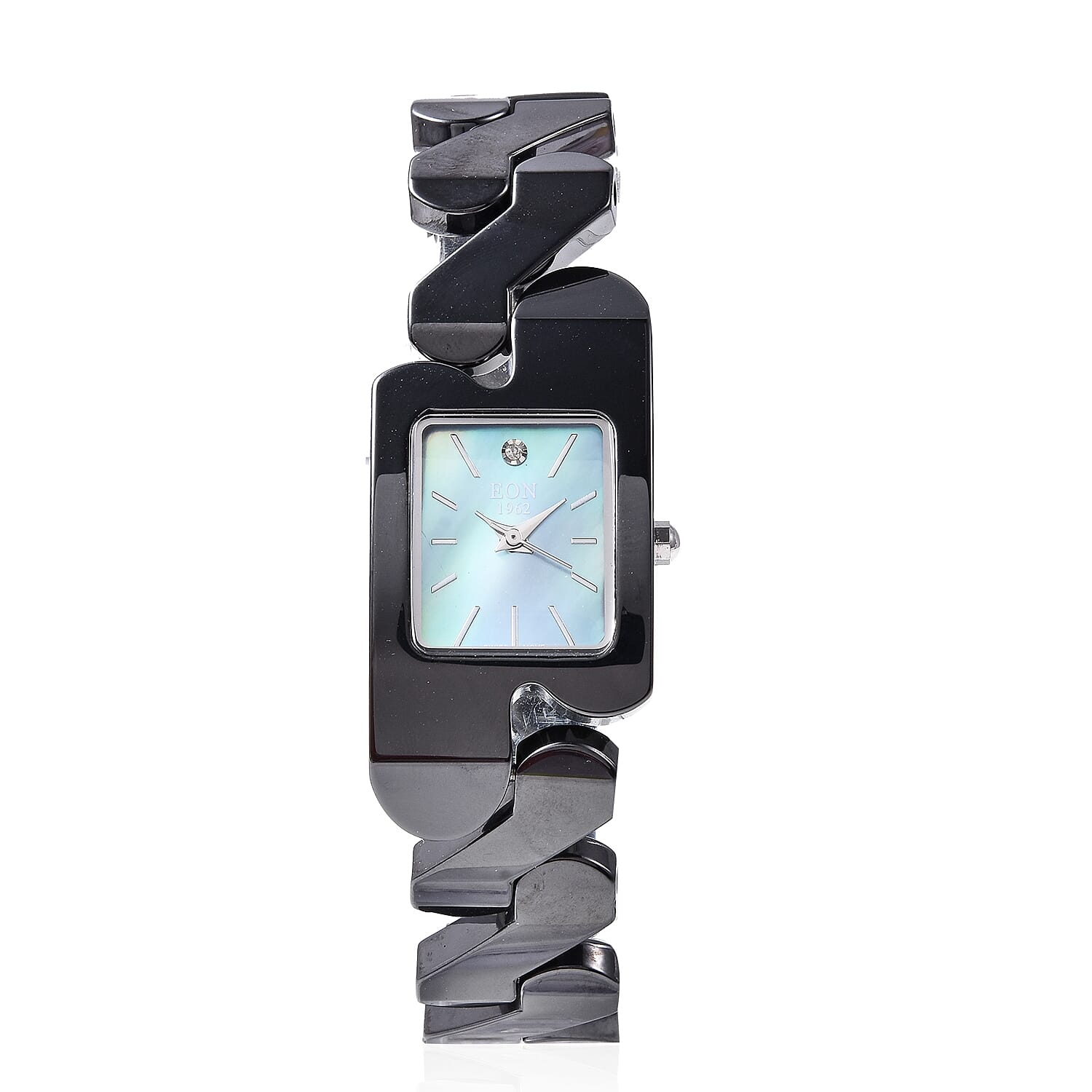 EON 1962 Swiss Movement Water Resistance Diamond Studded Rectangular Watch with Grey Mother of Pearl Dial and Black Ceramic Strap in Silver Plating