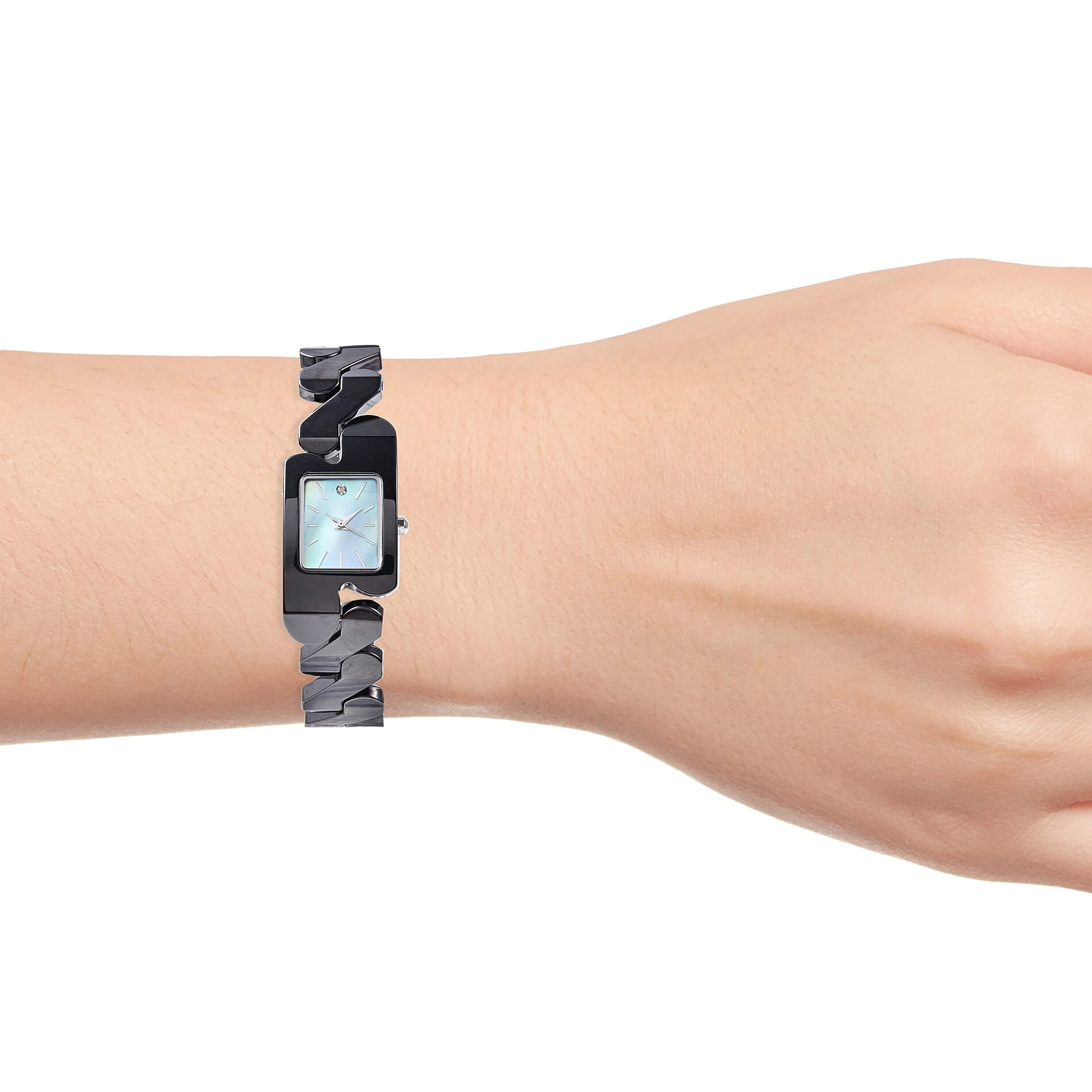 EON 1962 Swiss Movement Water Resistance Diamond Studded Rectangular Watch with Grey Mother of Pearl Dial and Black Ceramic Strap in Silver Plating