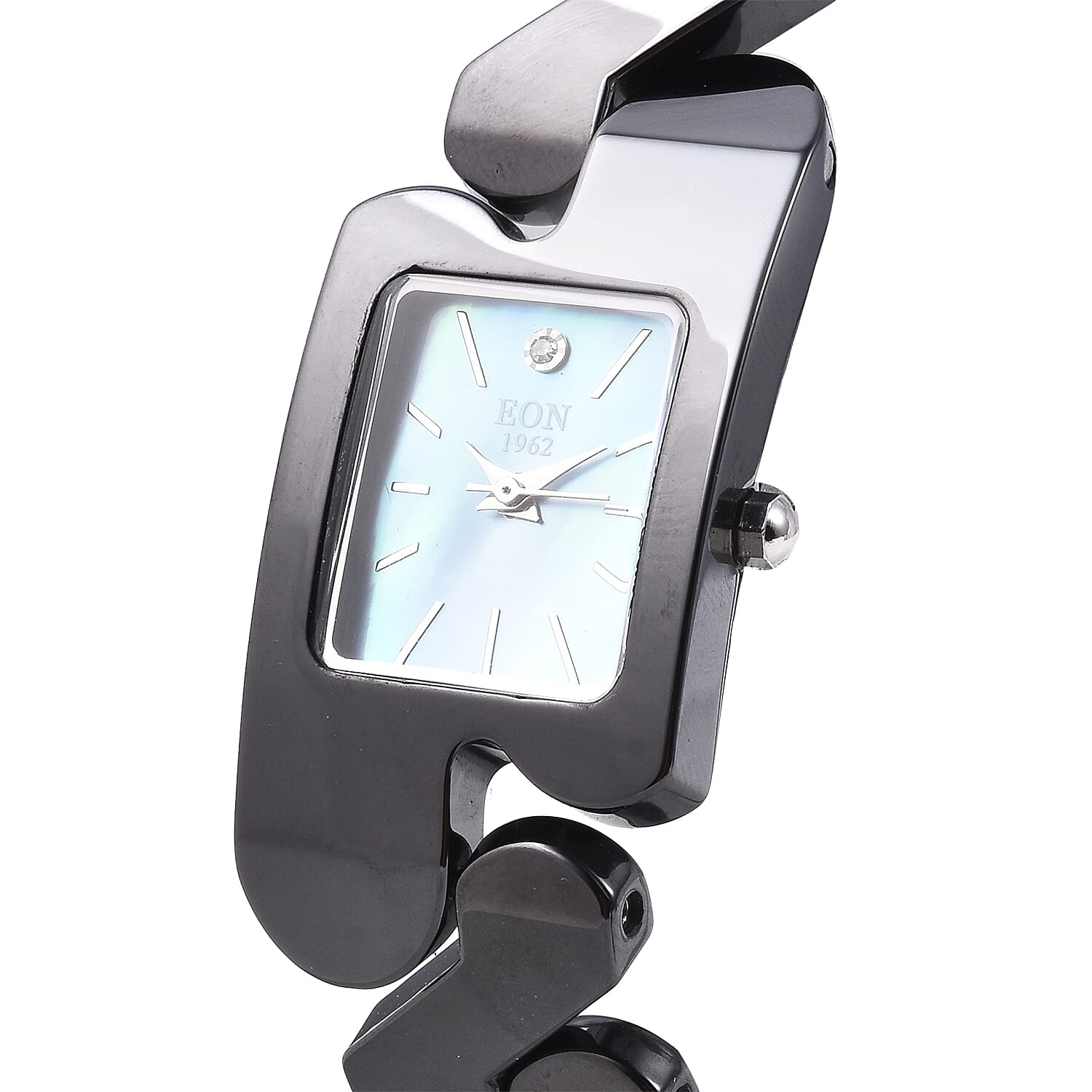EON 1962 Swiss Movement Water Resistance Diamond Studded Rectangular Watch with Grey Mother of Pearl Dial and Black Ceramic Strap in Silver Plating