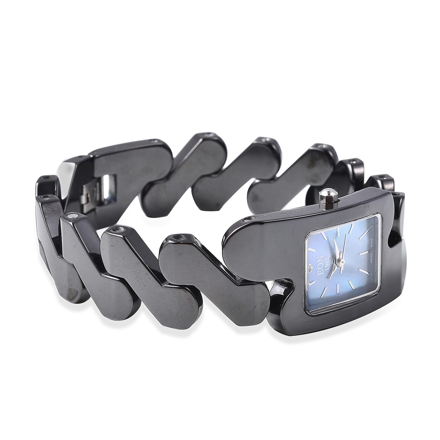 EON 1962 Swiss Movement Water Resistance Diamond Studded Rectangular Watch with Grey Mother of Pearl Dial and Black Ceramic Strap in Silver Plating