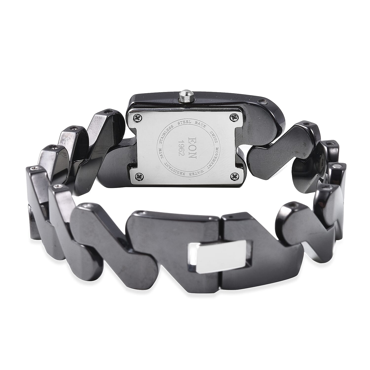 EON 1962 Swiss Movement Water Resistance Diamond Studded Rectangular Watch with Grey Mother of Pearl Dial and Black Ceramic Strap in Silver Plating