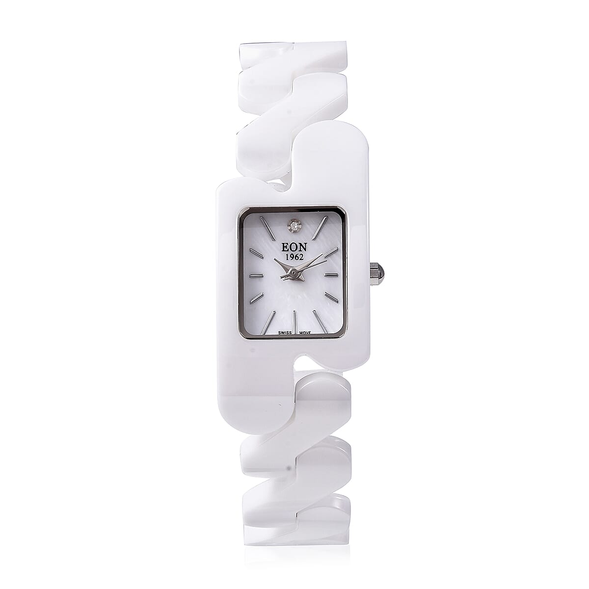 EON 1962 Swiss Movement Water Resistance Diamond Studded Rectangular Watch with White Mother of Pearl Dial and White Ceramic Strap in Silver Plating