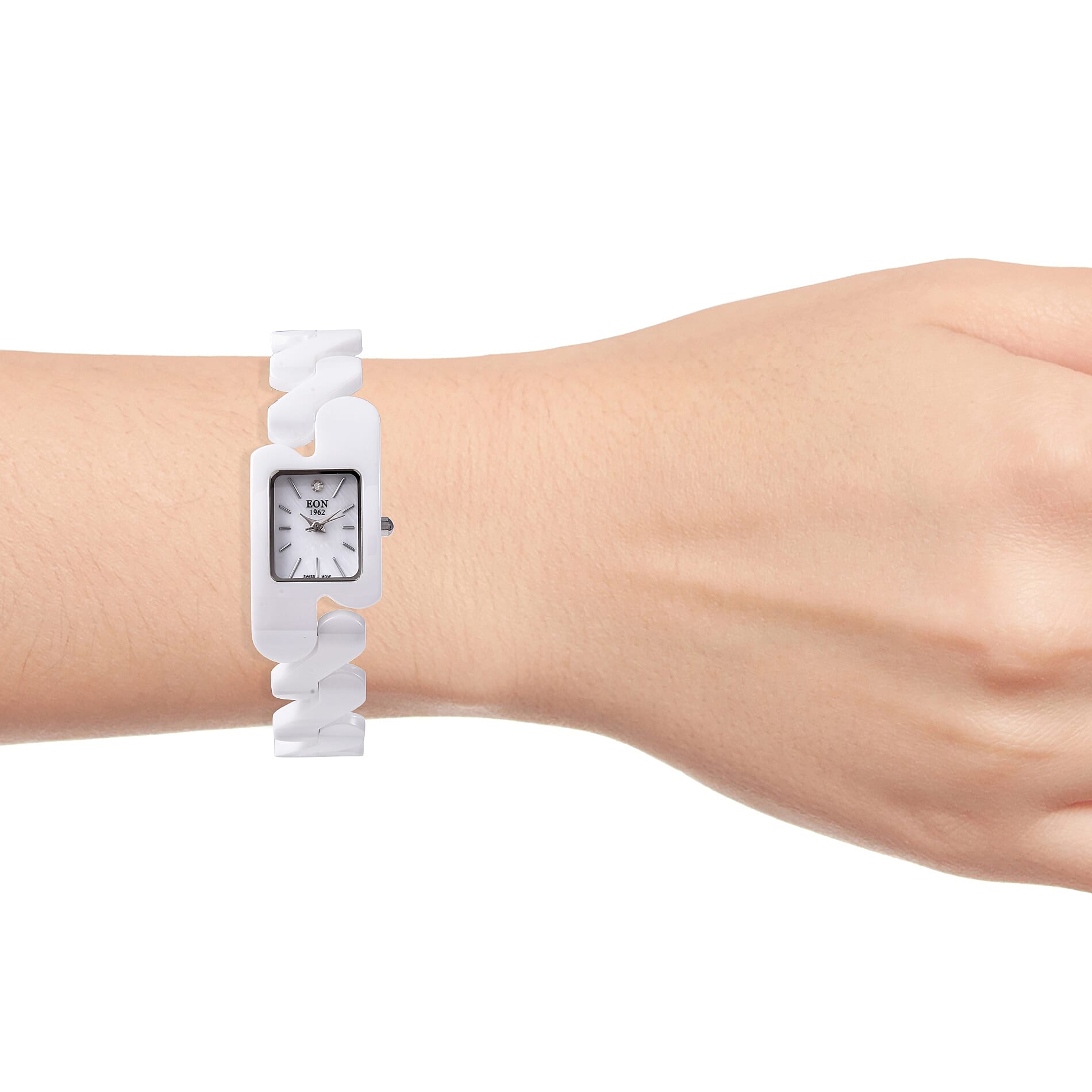 EON 1962 Swiss Movement Water Resistance Diamond Studded Rectangular Watch with White Mother of Pearl Dial and White Ceramic Strap in Silver Plating