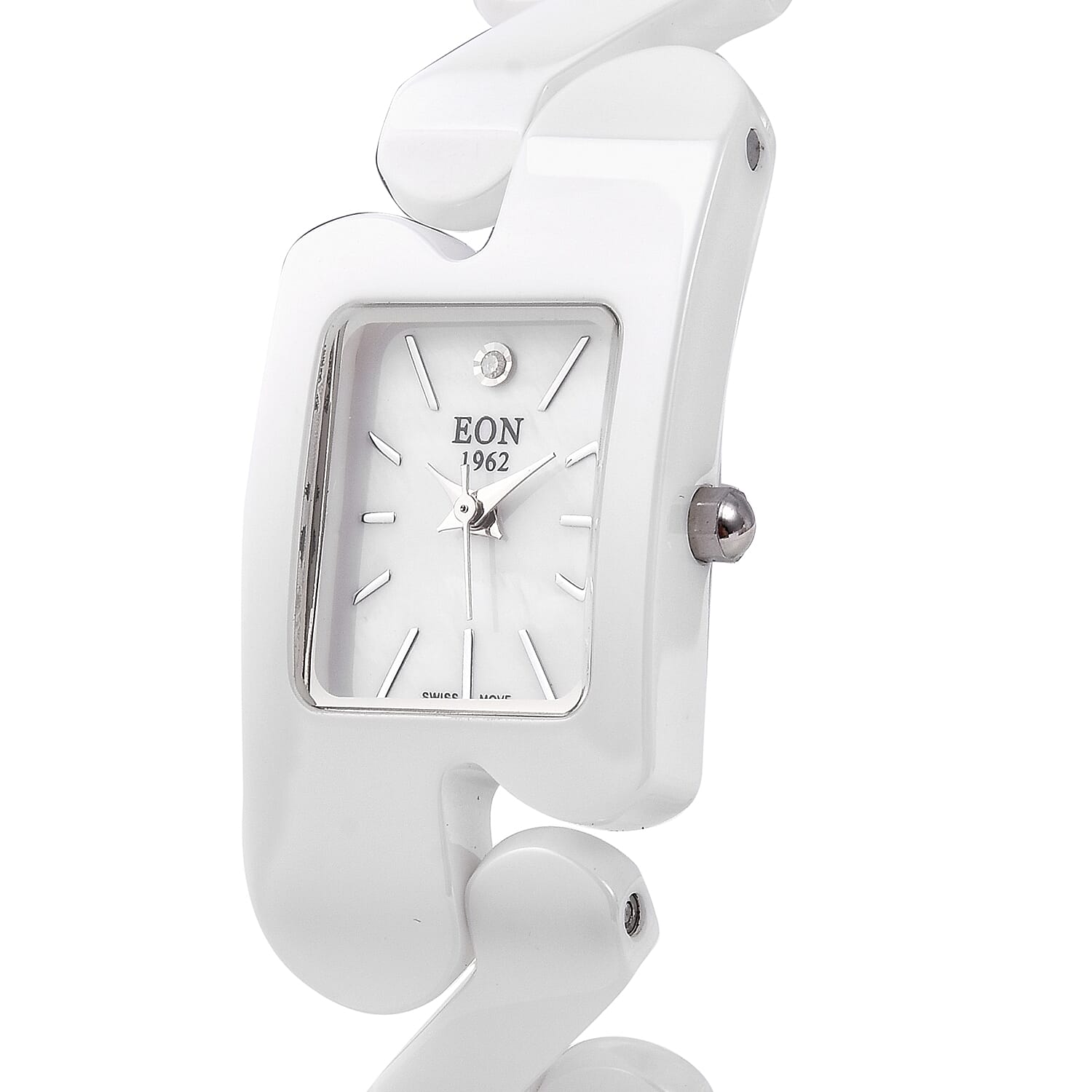 EON 1962 Swiss Movement Water Resistance Diamond Studded Rectangular Watch with White Mother of Pearl Dial and White Ceramic Strap in Silver Plating