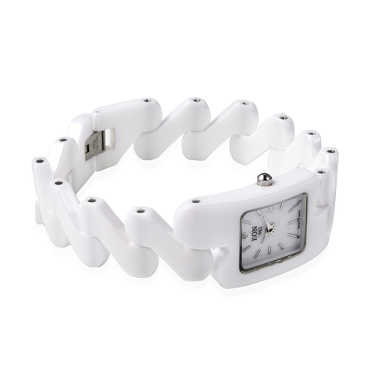 EON 1962 Swiss Movement Water Resistance Diamond Studded Rectangular Watch with White Mother of Pearl Dial and White Ceramic Strap in Silver Plating