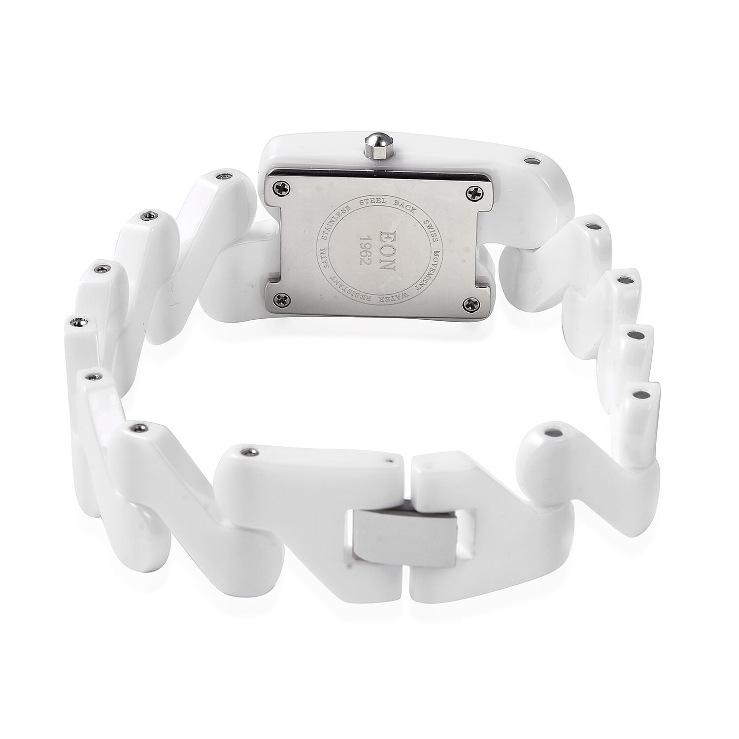 EON 1962 Swiss Movement Water Resistance Diamond Studded Rectangular Watch with White Mother of Pearl Dial and White Ceramic Strap in Silver Plating