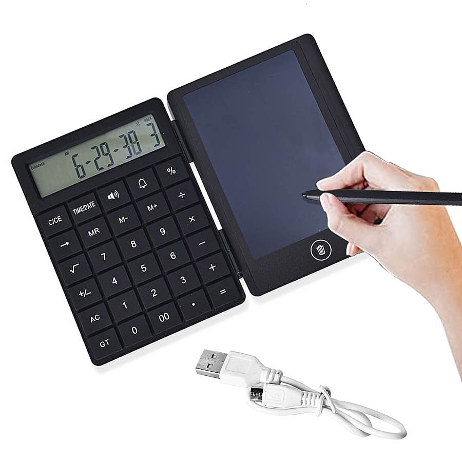 Rechargeable LCD Writing Tablet with Calculator (Size 10.5x14.5x1.3 Cm) - Black
