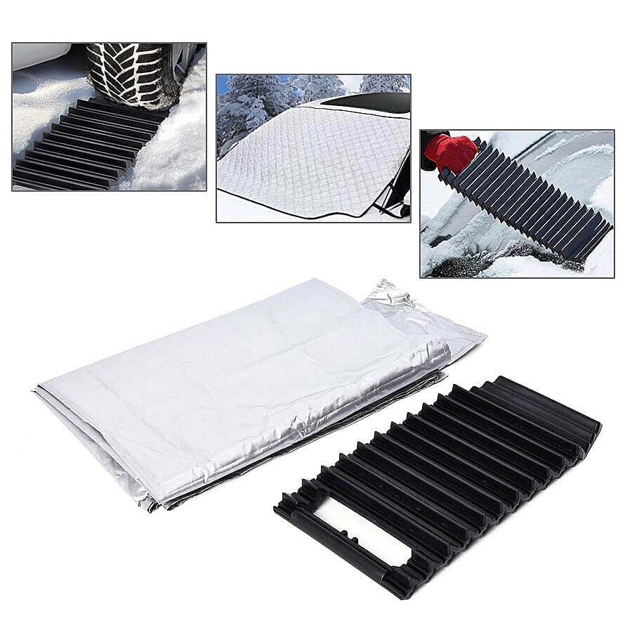 2 Piece Set - Magnetic Windshield Cover (Size 142x96 Cm) and Tread Ahead - Silver and Black