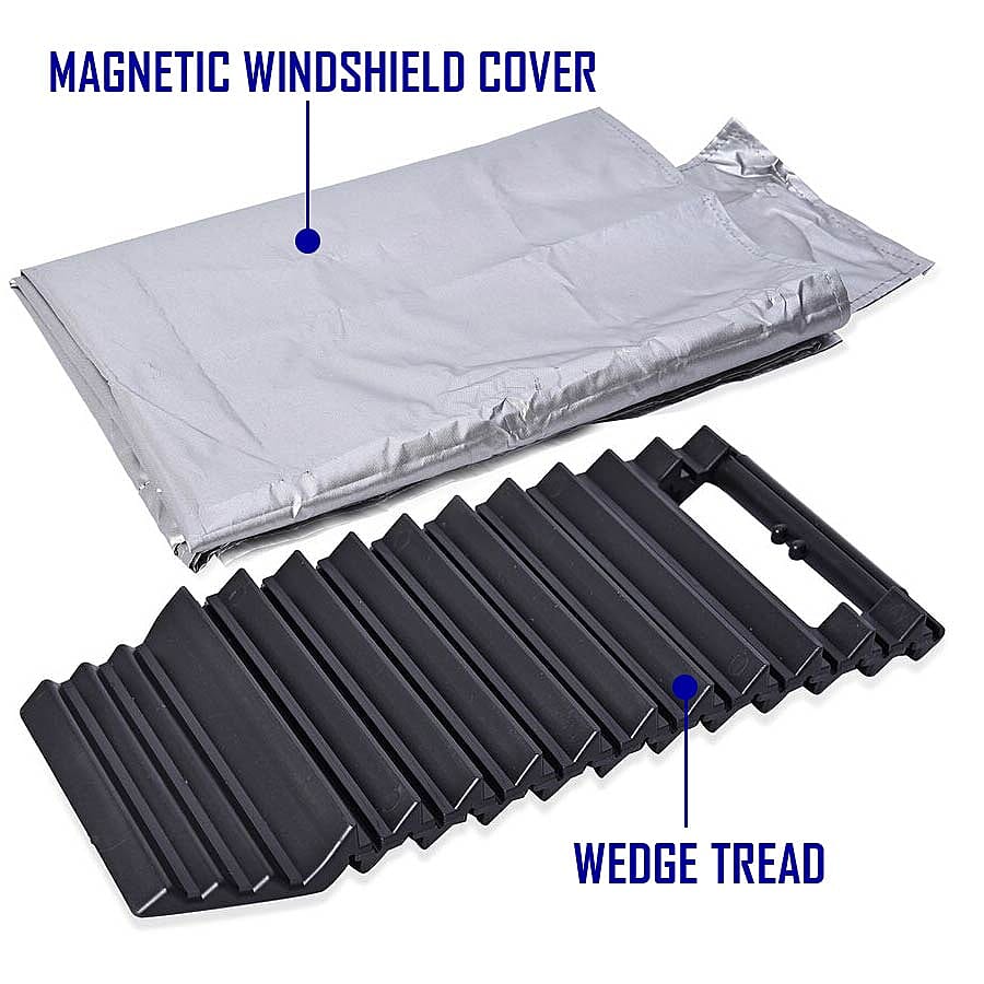 2 Piece Set - Magnetic Windshield Cover (Size 142x96 Cm) and Tread Ahead - Silver and Black