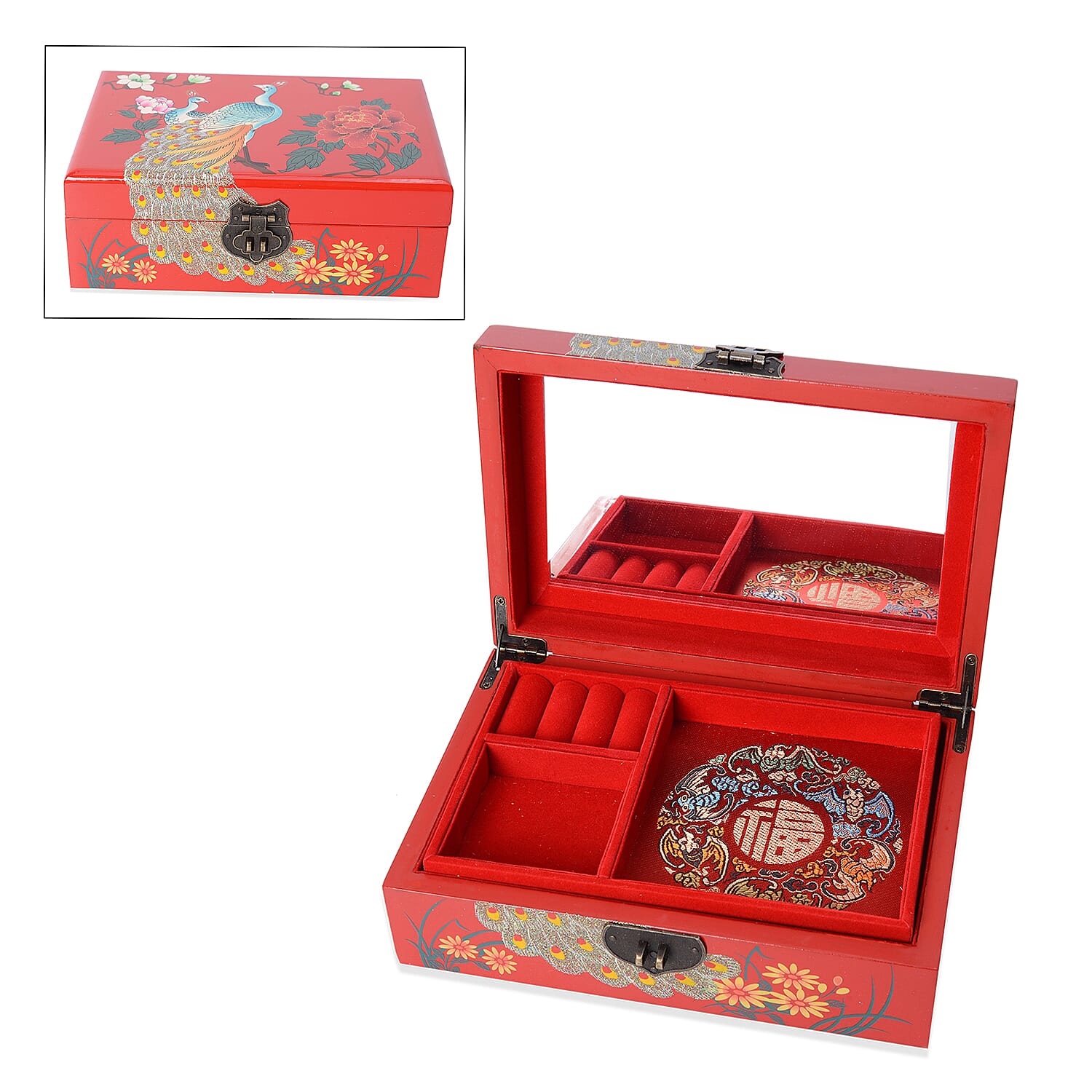 2 - Layer Peacock Pattern Jewellery Box with Inside Mirror and Removable Tray (Size 21x14x7.5 Cm) - Red