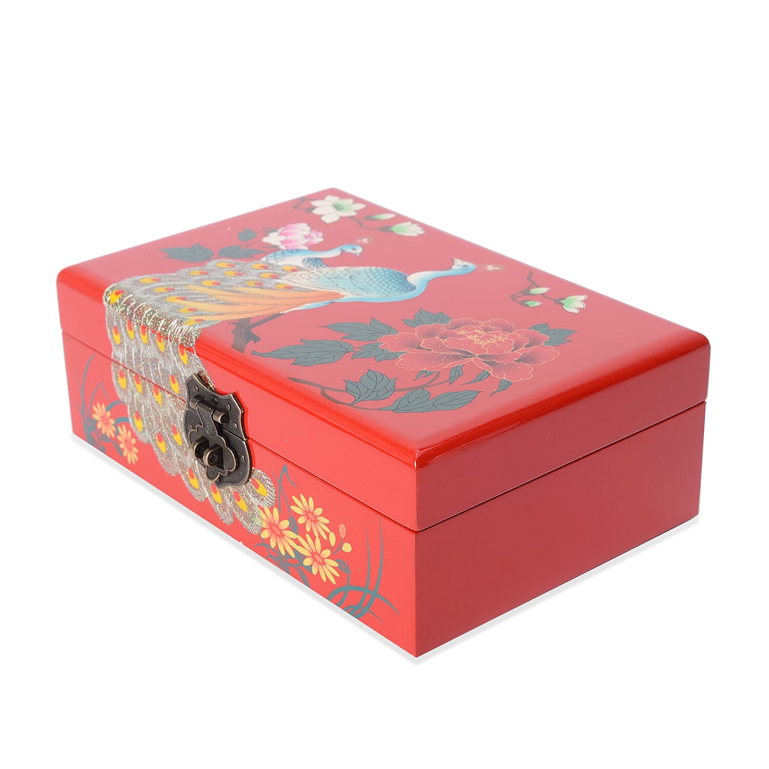 2 - Layer Peacock Pattern Jewellery Box with Inside Mirror and Removable Tray (Size 21x14x7.5 Cm) - Red