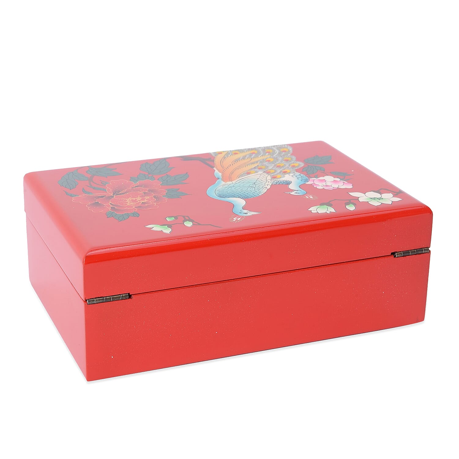 2 - Layer Peacock Pattern Jewellery Box with Inside Mirror and Removable Tray (Size 21x14x7.5 Cm) - Red