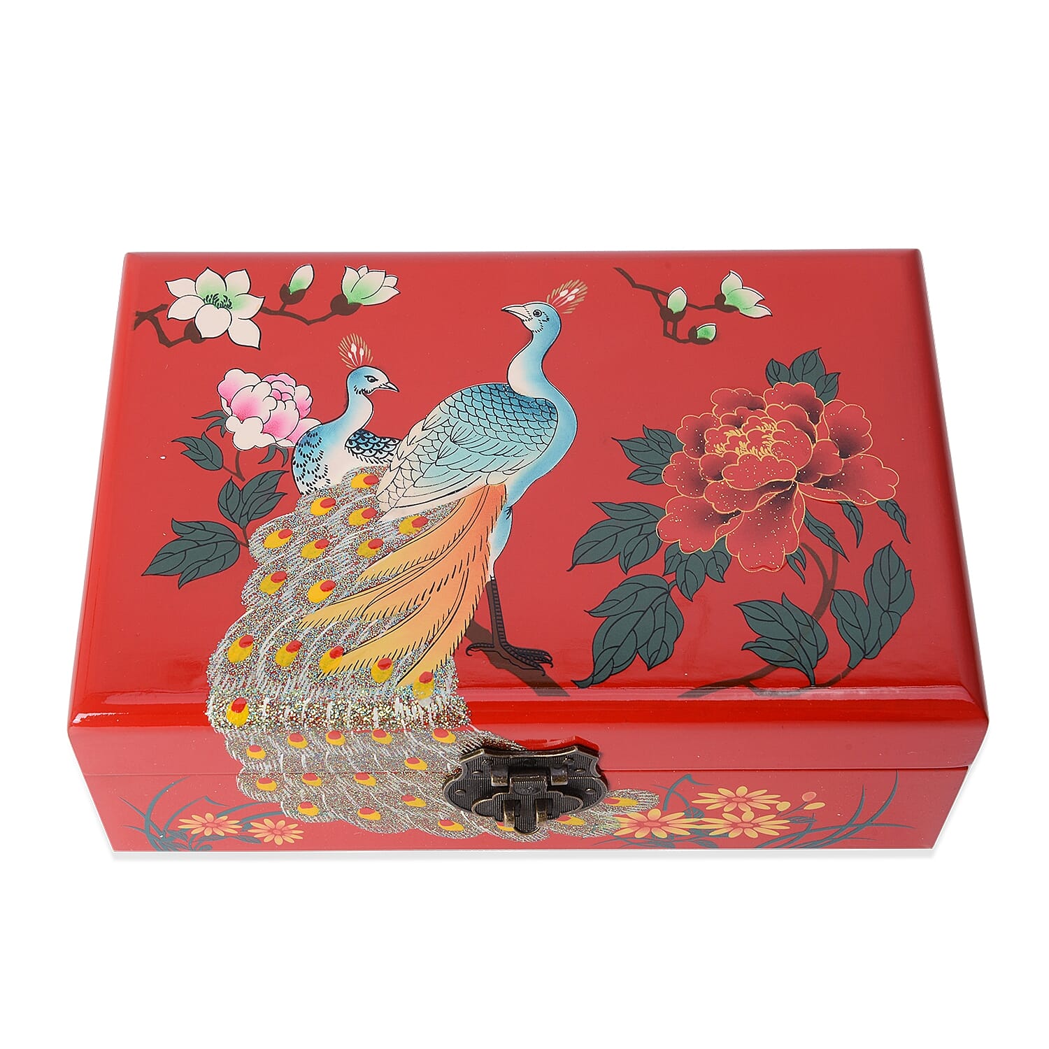 2 - Layer Peacock Pattern Jewellery Box with Inside Mirror and Removable Tray (Size 21x14x7.5 Cm) - Red