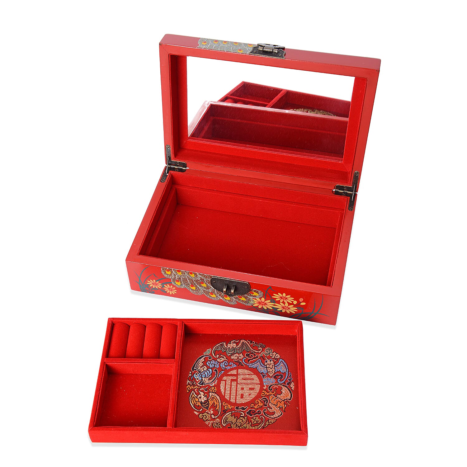 2 - Layer Peacock Pattern Jewellery Box with Inside Mirror and Removable Tray (Size 21x14x7.5 Cm) - Red