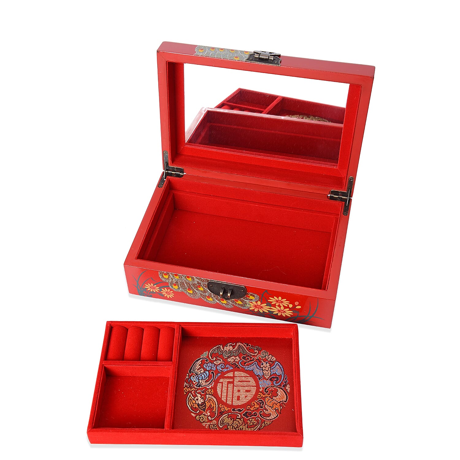 2 - Layer Peacock Pattern Jewellery Box with Inside Mirror and Removable Tray (Size 21x14x7.5 Cm) - Red