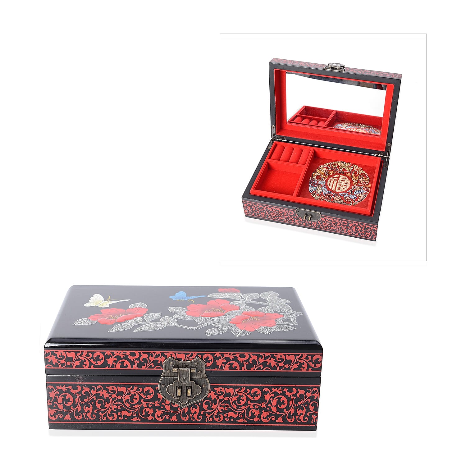 2 - Layer Chinese Lacquer Camellia Pattern Jewellery Box with Inside Mirror and Removable Tray (Size 21x14x7.5 Cm) - Black