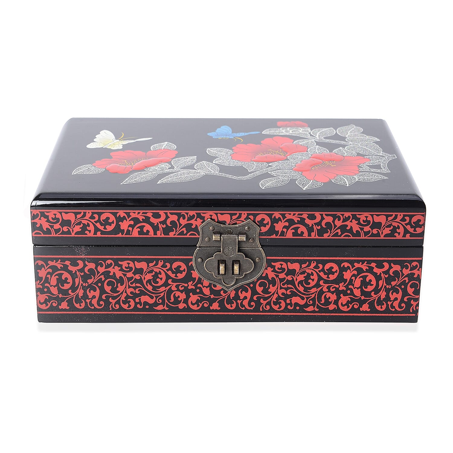 2 - Layer Chinese Lacquer Camellia Pattern Jewellery Box with Inside Mirror and Removable Tray (Size 21x14x7.5 Cm) - Black