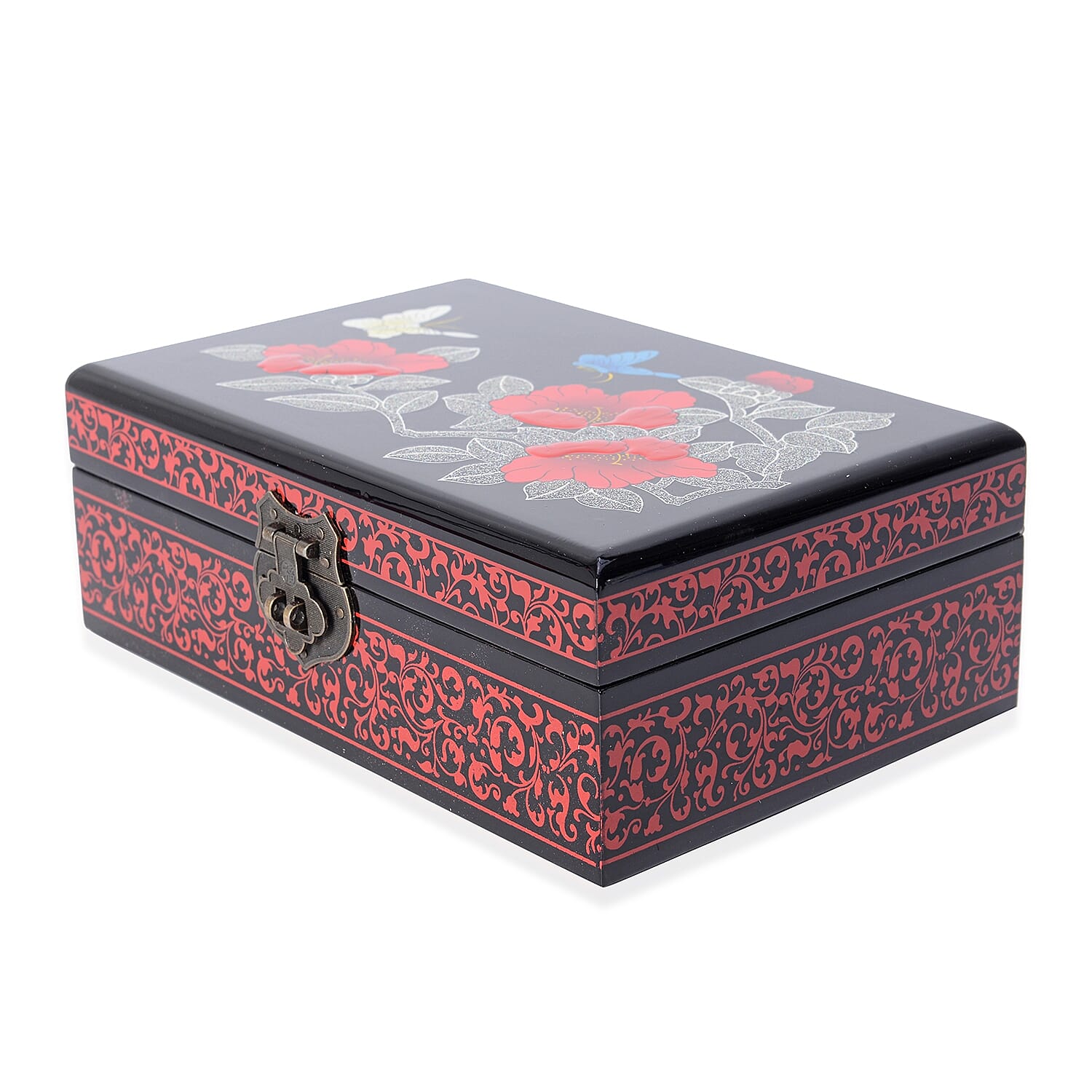 2 - Layer Chinese Lacquer Camellia Pattern Jewellery Box with Inside Mirror and Removable Tray (Size 21x14x7.5 Cm) - Black