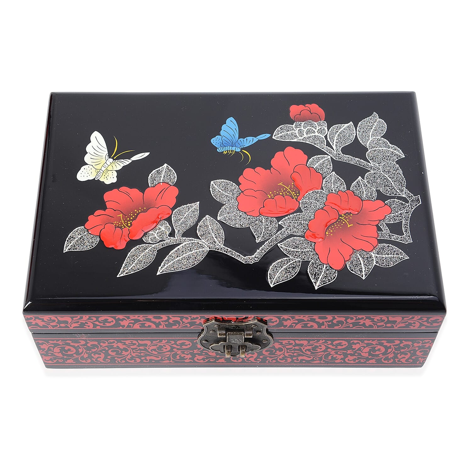 2 - Layer Chinese Lacquer Camellia Pattern Jewellery Box with Inside Mirror and Removable Tray (Size 21x14x7.5 Cm) - Black