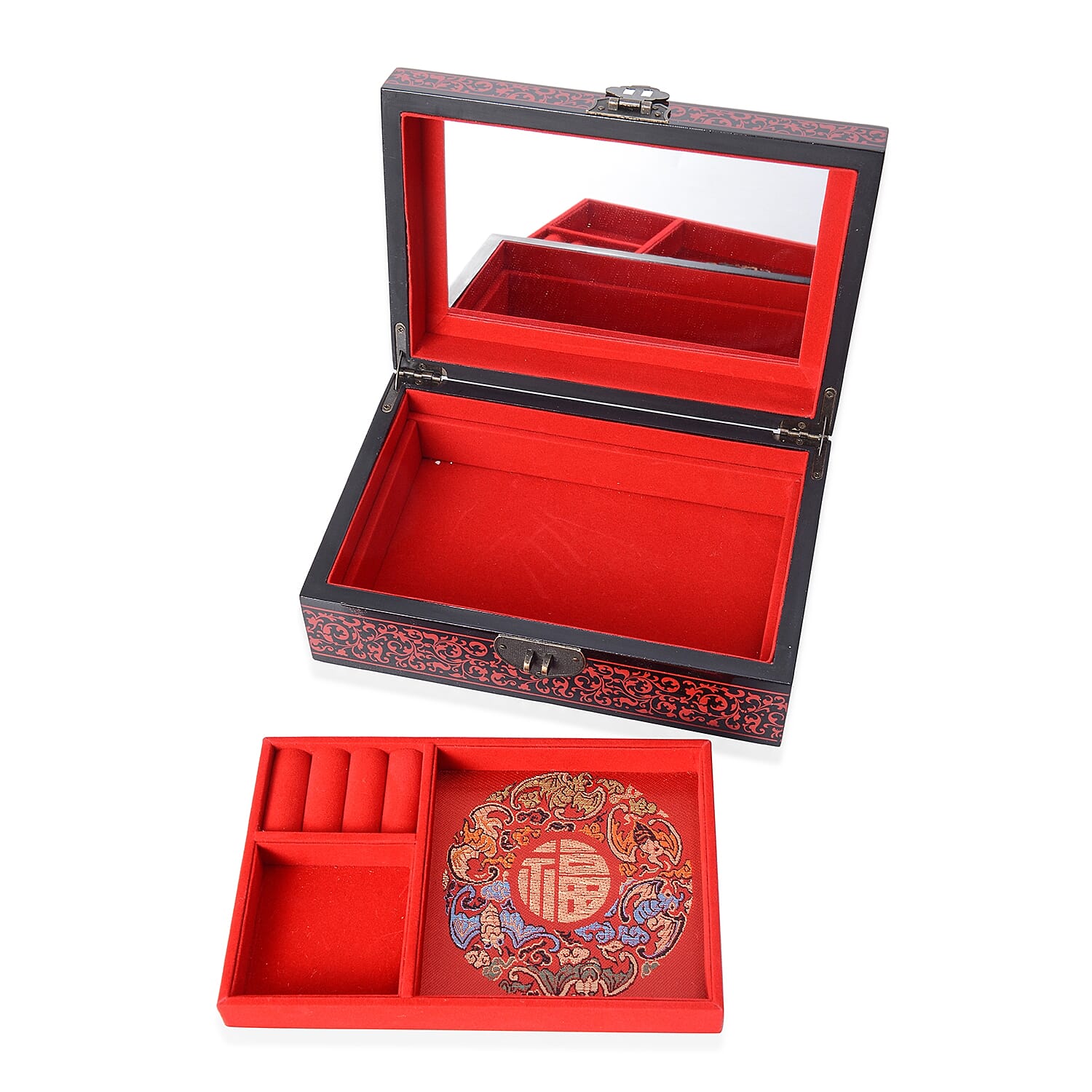 2 - Layer Chinese Lacquer Camellia Pattern Jewellery Box with Inside Mirror and Removable Tray (Size 21x14x7.5 Cm) - Black