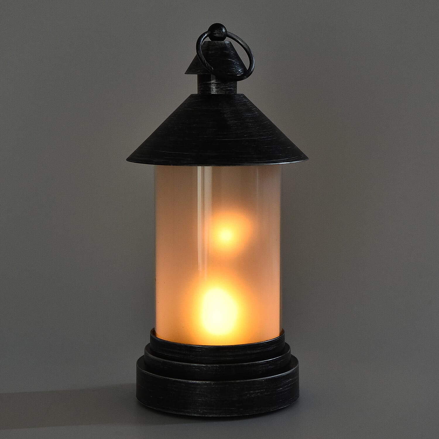 Fire Glow LED Flame Lantern with Handle (Size 33x13 Cm) - Black with Silver (2xAA Battery not Included)