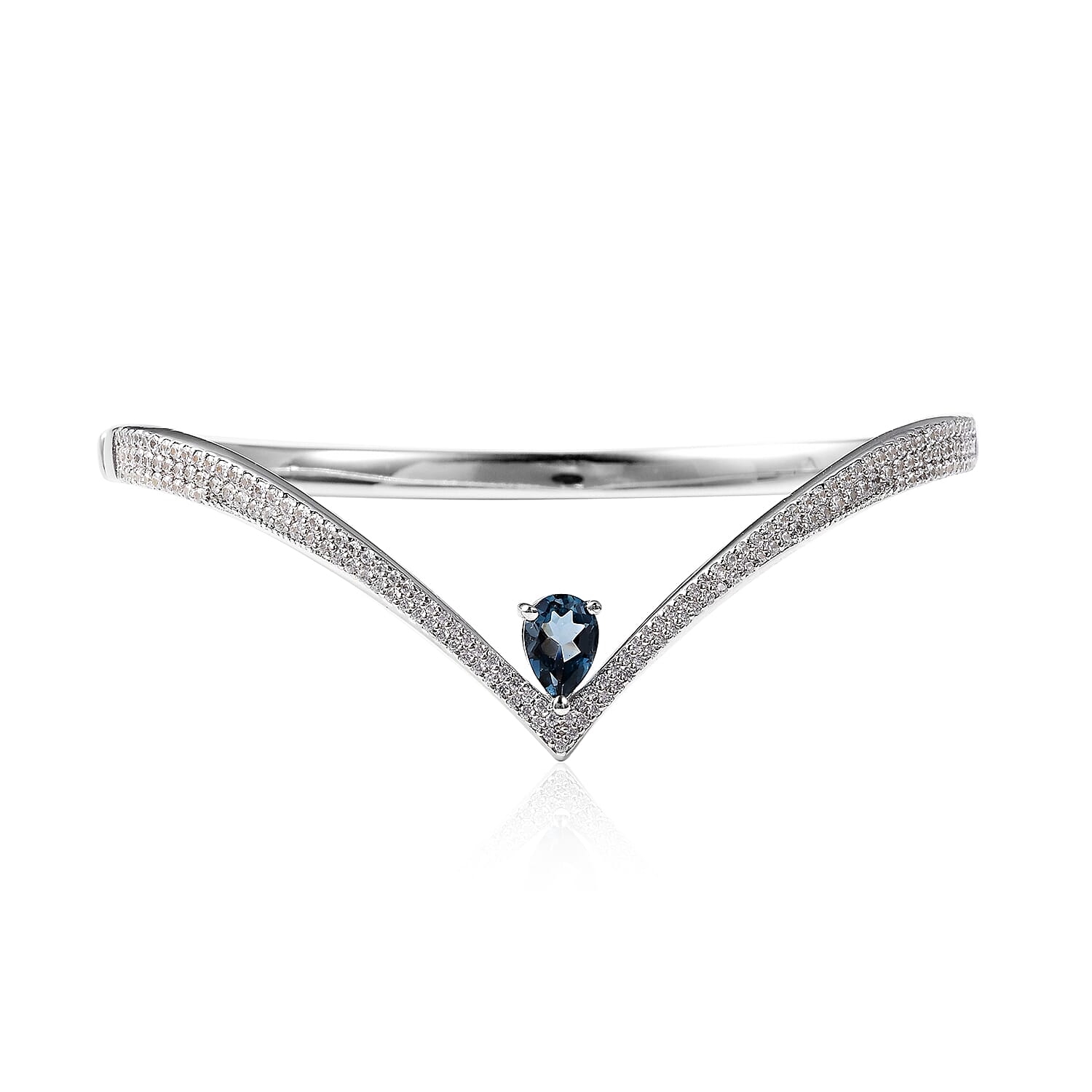 Isabella Liu - Twilight Collection - London Blue Topaz (Pear), Natural White Cambodian Zircon Chevron Bangle (Size 6.75) in Rhodium Overlay Sterling Silver Silver Wt 21.00 Grams