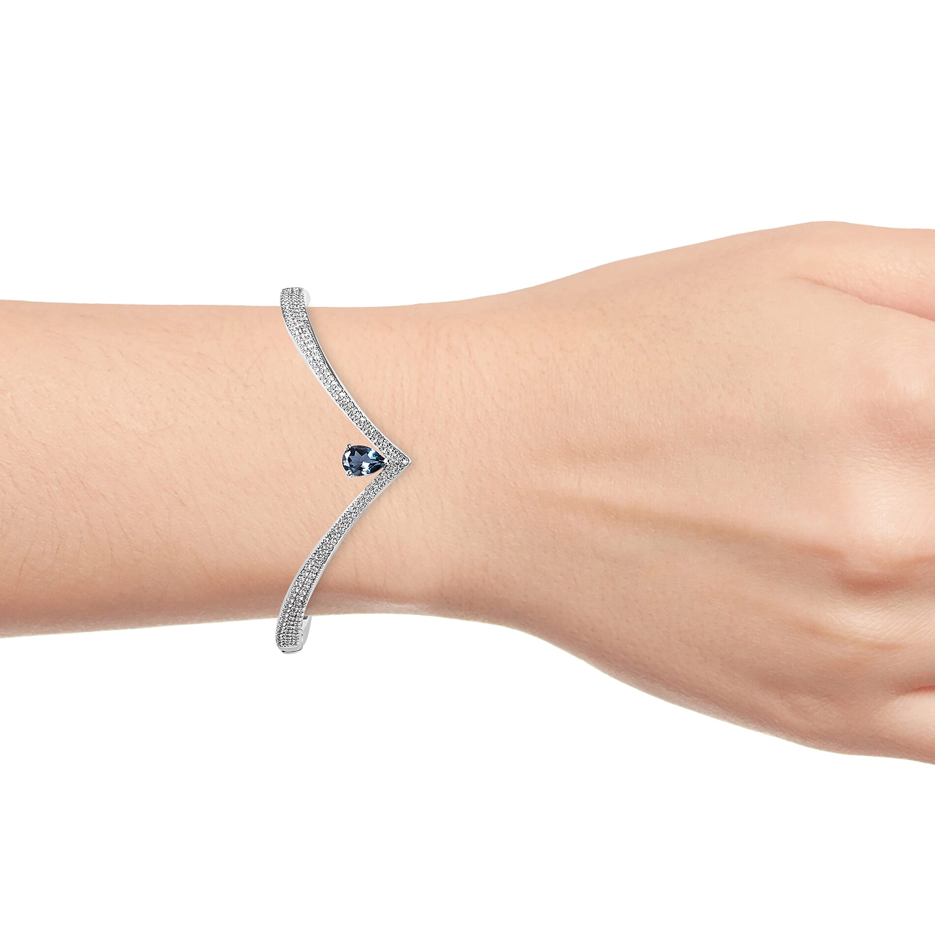Isabella Liu - Twilight Collection - London Blue Topaz (Pear), Natural White Cambodian Zircon Chevron Bangle (Size 6.75) in Rhodium Overlay Sterling Silver Silver Wt 21.00 Grams