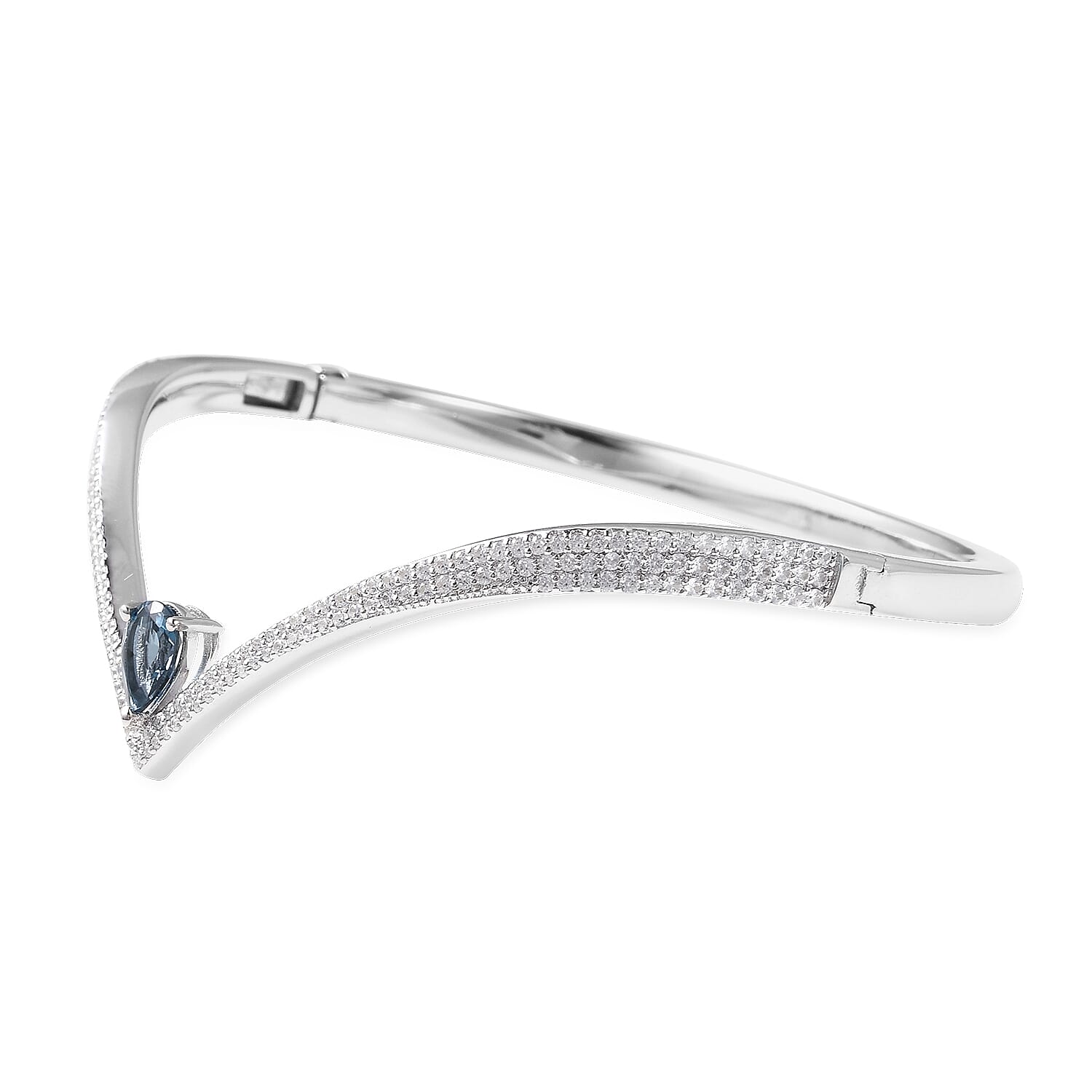 Isabella Liu - Twilight Collection - London Blue Topaz (Pear), Natural White Cambodian Zircon Chevron Bangle (Size 6.75) in Rhodium Overlay Sterling Silver Silver Wt 21.00 Grams
