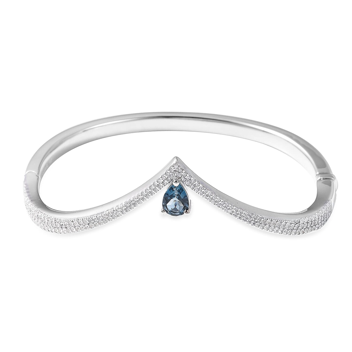 Isabella Liu - Twilight Collection - London Blue Topaz (Pear), Natural White Cambodian Zircon Chevron Bangle (Size 6.75) in Rhodium Overlay Sterling Silver Silver Wt 21.00 Grams