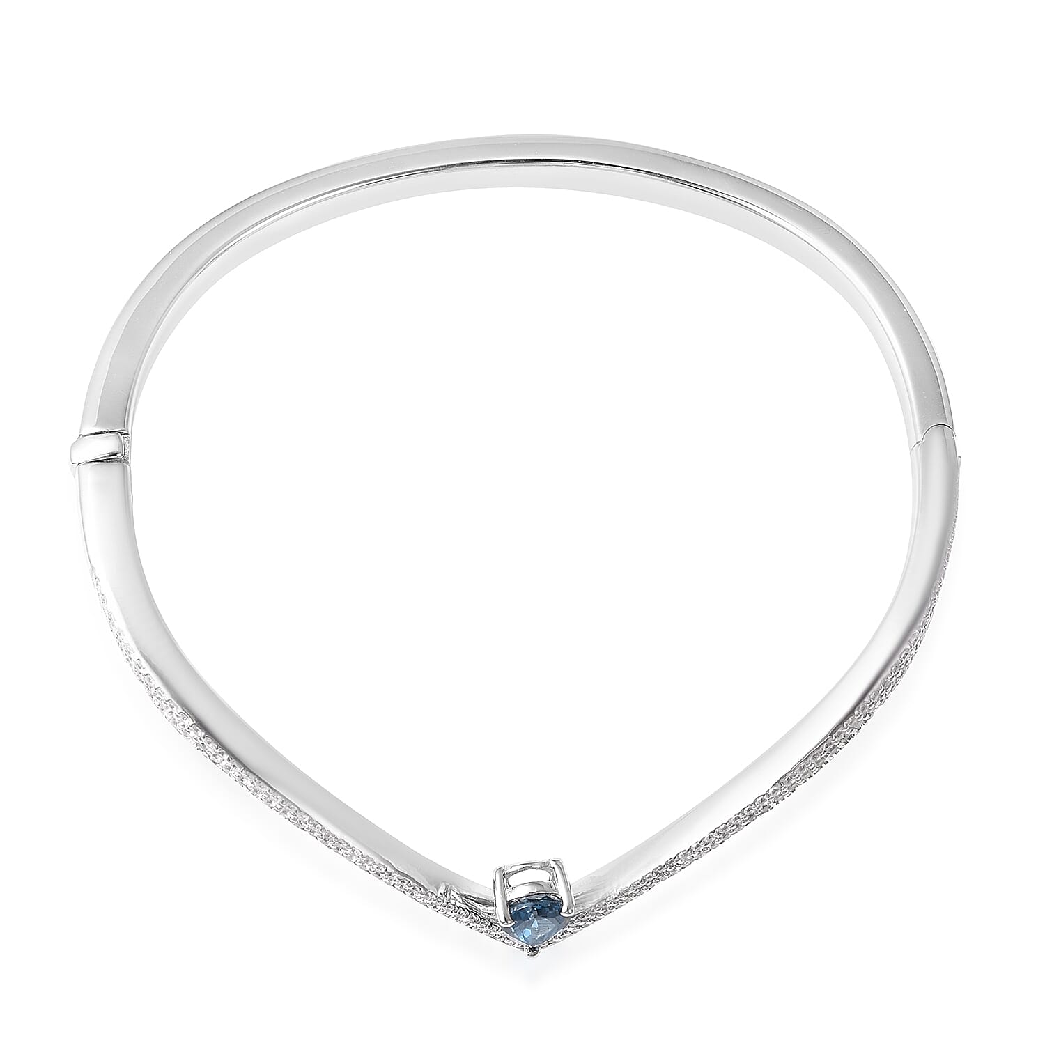 Isabella Liu - Twilight Collection - London Blue Topaz (Pear), Natural White Cambodian Zircon Chevron Bangle (Size 6.75) in Rhodium Overlay Sterling Silver Silver Wt 21.00 Grams