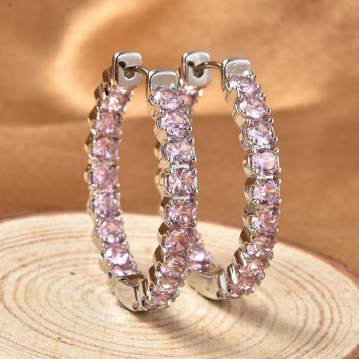 Simulated Pink Sapphire (Rnd) Inside-Out Hoop Earrings (with Clasp) in Silver Tone 7.98 Ct.