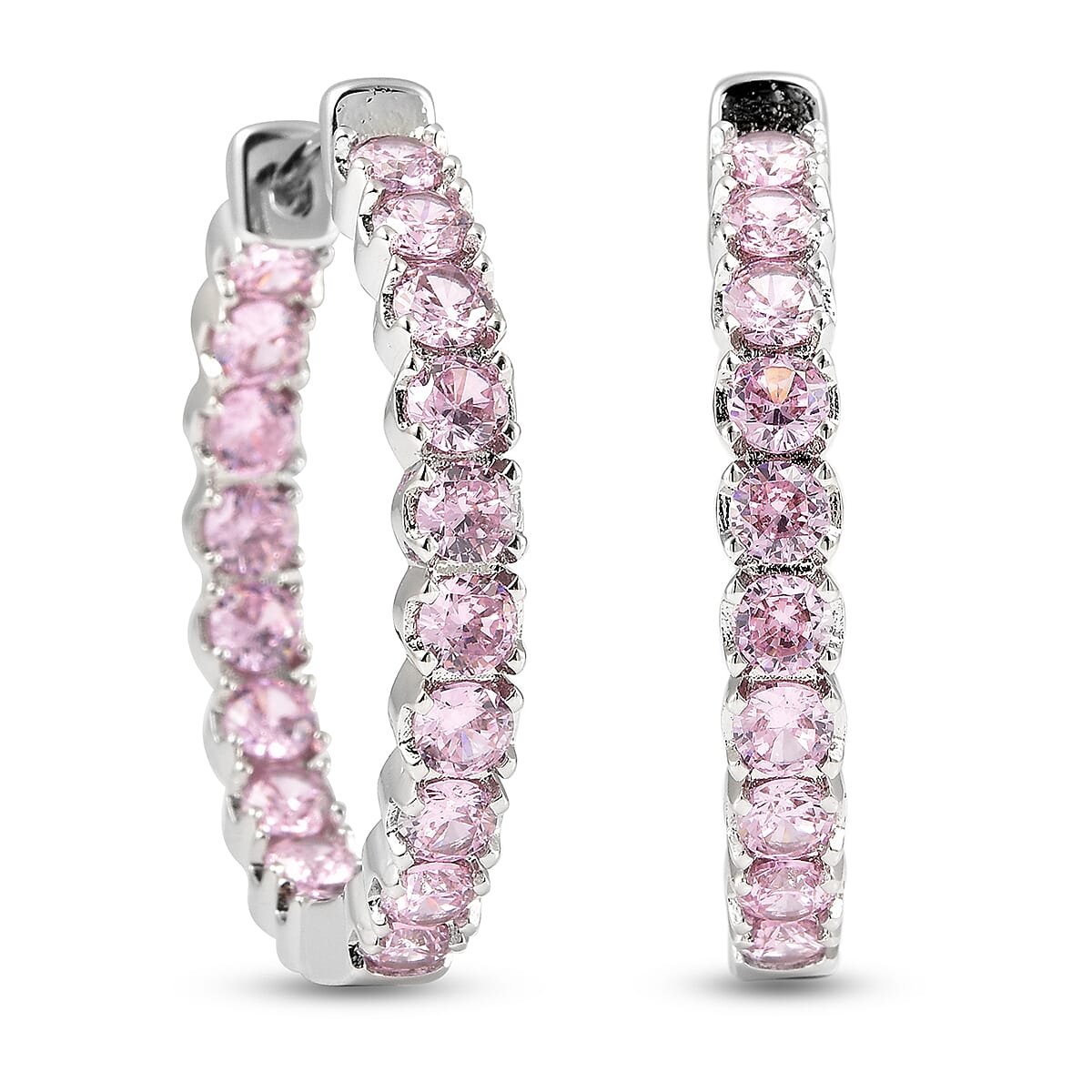Simulated Pink Sapphire (Rnd) Inside-Out Hoop Earrings (with Clasp) in Silver Tone 7.98 Ct.