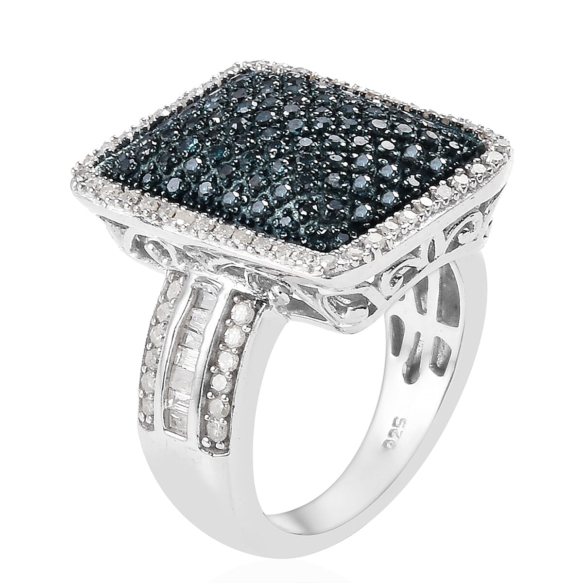 Blue and White Diamond (Bgt and Rnd) Cluster Ring in Platinum Overlay Sterling Silver 1.00 Ct, Silver wt 7.40 Gms