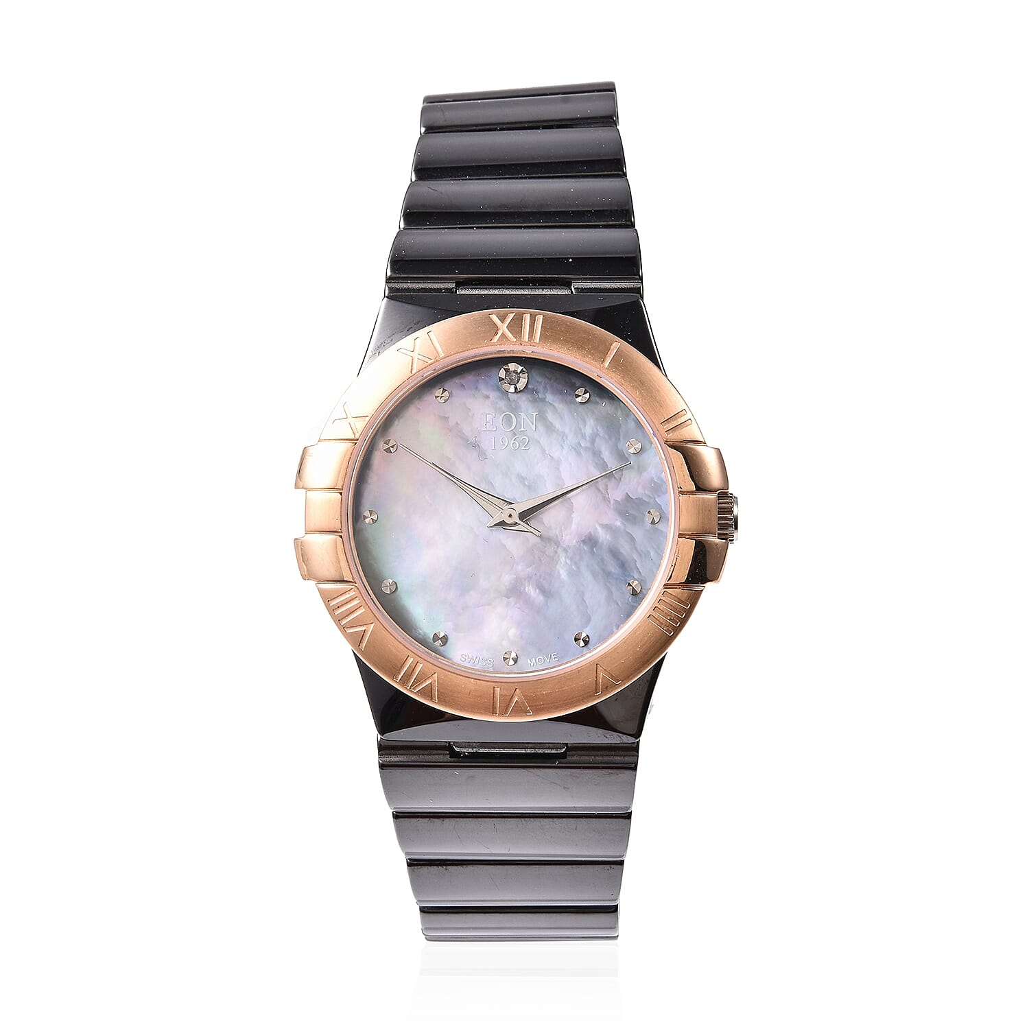 Doorbuster Deal - EON 1962 Swiss Movement Water Resistance Diamond Studded Watch with Grey Mother of Pearl Dial, Blue Sapphire and Black Ceramic Strap in Dual Tone Plating