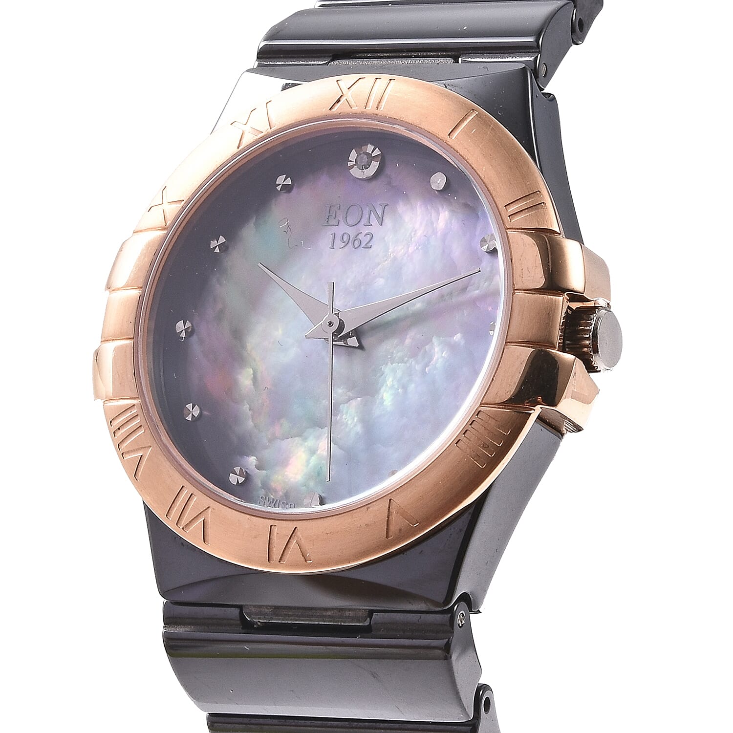 Doorbuster Deal - EON 1962 Swiss Movement Water Resistance Diamond Studded Watch with Grey Mother of Pearl Dial, Blue Sapphire and Black Ceramic Strap in Dual Tone Plating