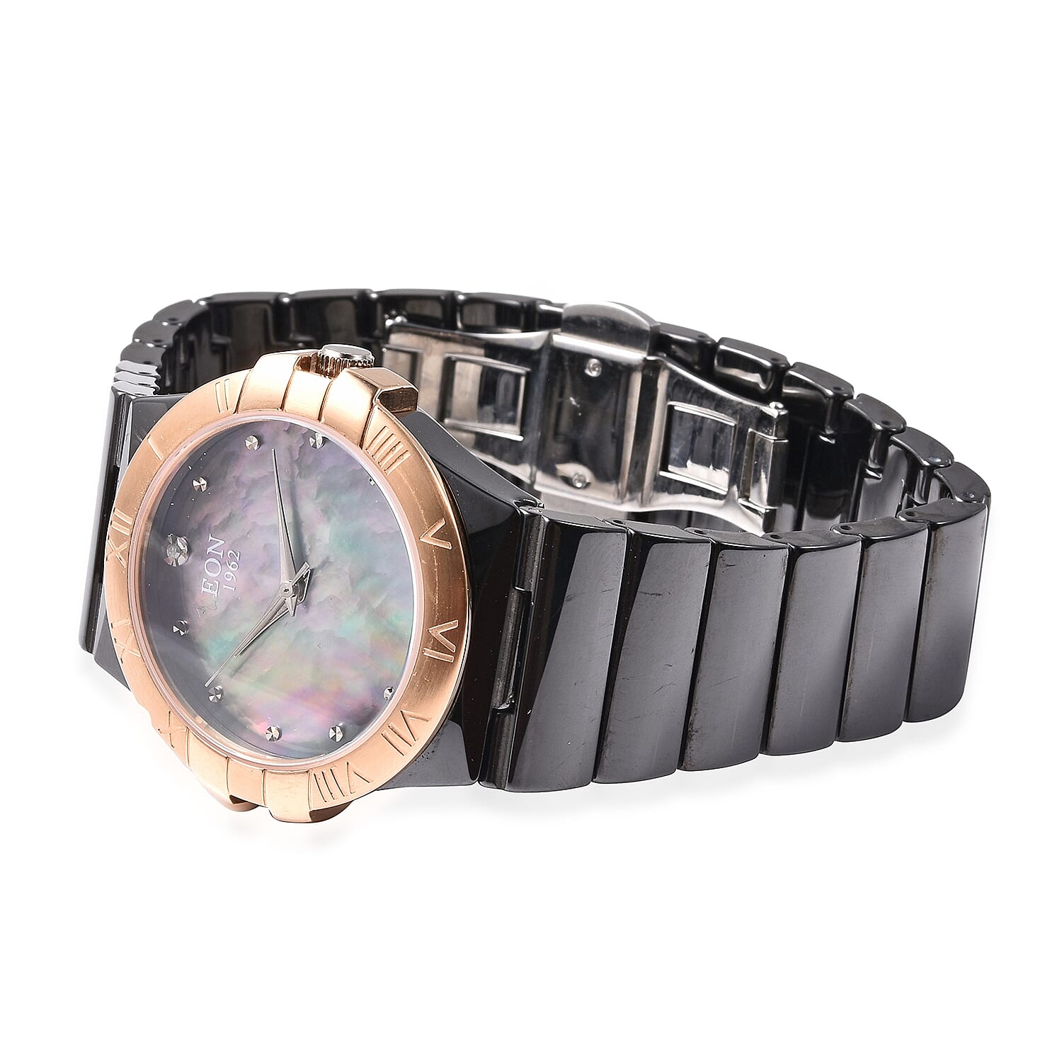 Doorbuster Deal - EON 1962 Swiss Movement Water Resistance Diamond Studded Watch with Grey Mother of Pearl Dial, Blue Sapphire and Black Ceramic Strap in Dual Tone Plating
