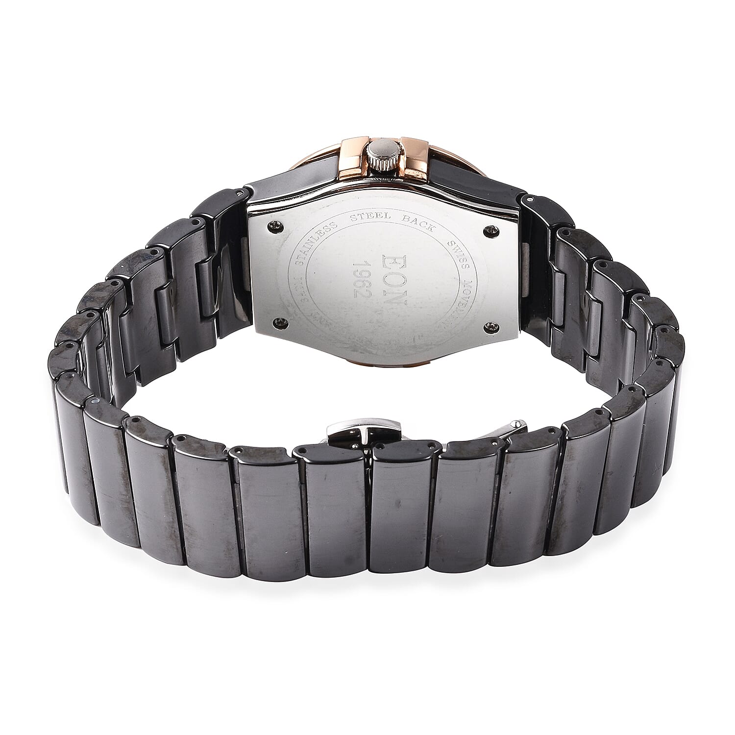 Doorbuster Deal - EON 1962 Swiss Movement Water Resistance Diamond Studded Watch with Grey Mother of Pearl Dial, Blue Sapphire and Black Ceramic Strap in Dual Tone Plating