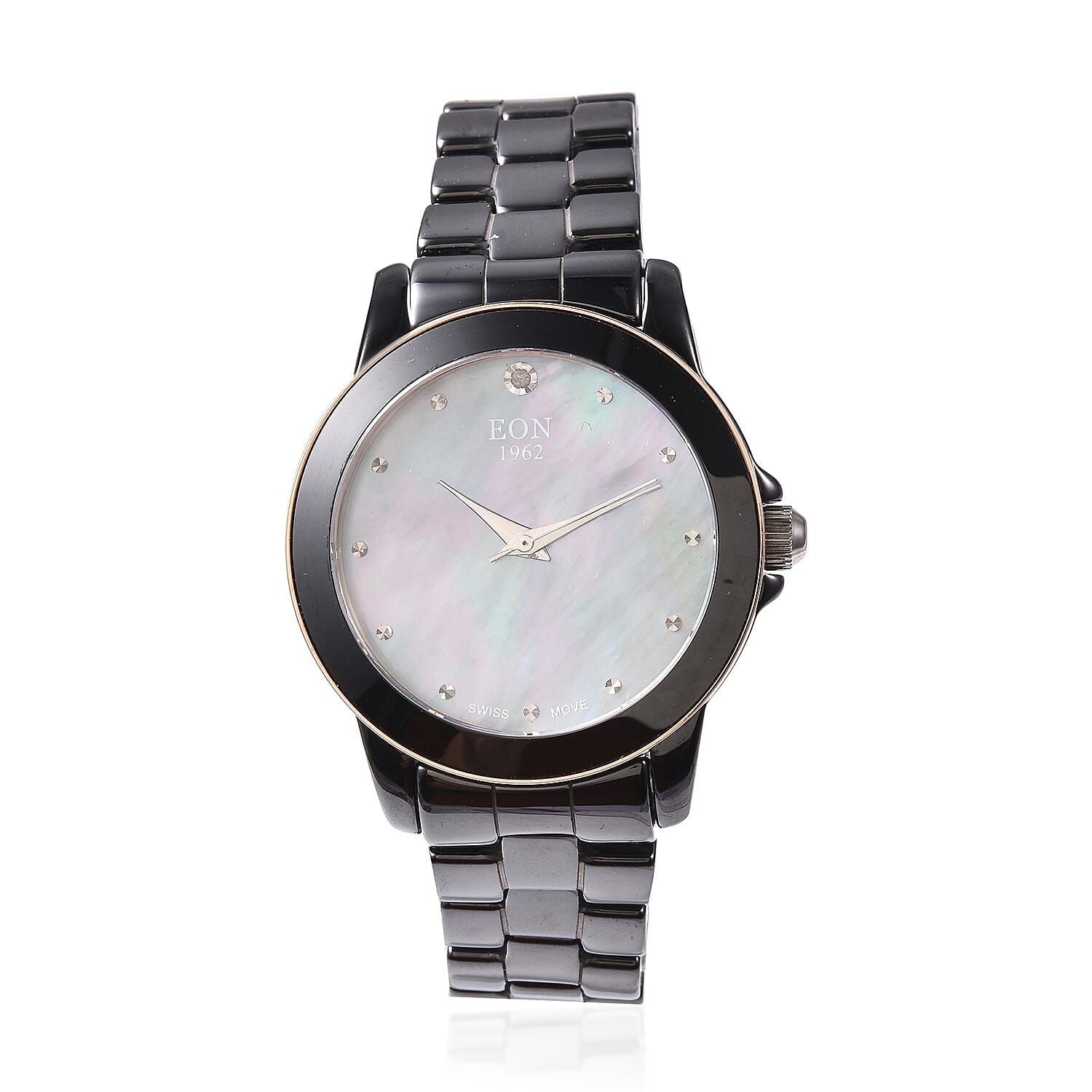 EON 1962 Swiss Movement Water Resistance Diamond Studded Watch with Grey Mother of Pearl Dial, Blue Sapphire Glass and Black Ceramic Strap in Dual Tone Plating