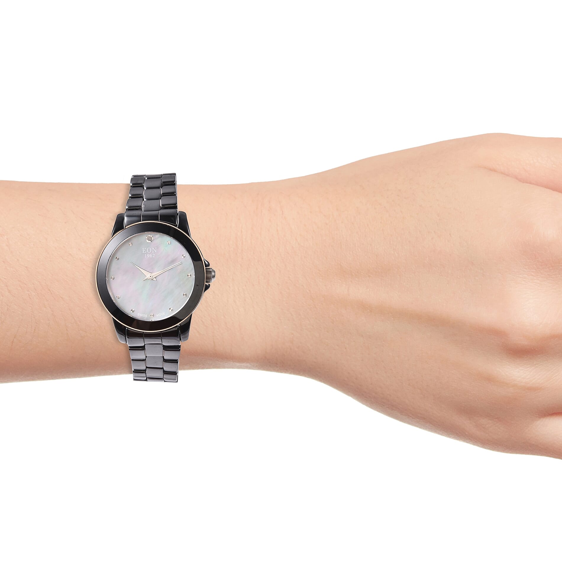 EON 1962 Swiss Movement Water Resistance Diamond Studded Watch with Grey Mother of Pearl Dial, Blue Sapphire Glass and Black Ceramic Strap in Dual Tone Plating