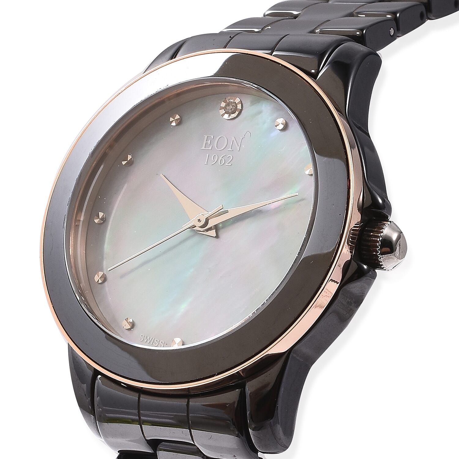EON 1962 Swiss Movement Water Resistance Diamond Studded Watch with Grey Mother of Pearl Dial, Blue Sapphire Glass and Black Ceramic Strap in Dual Tone Plating