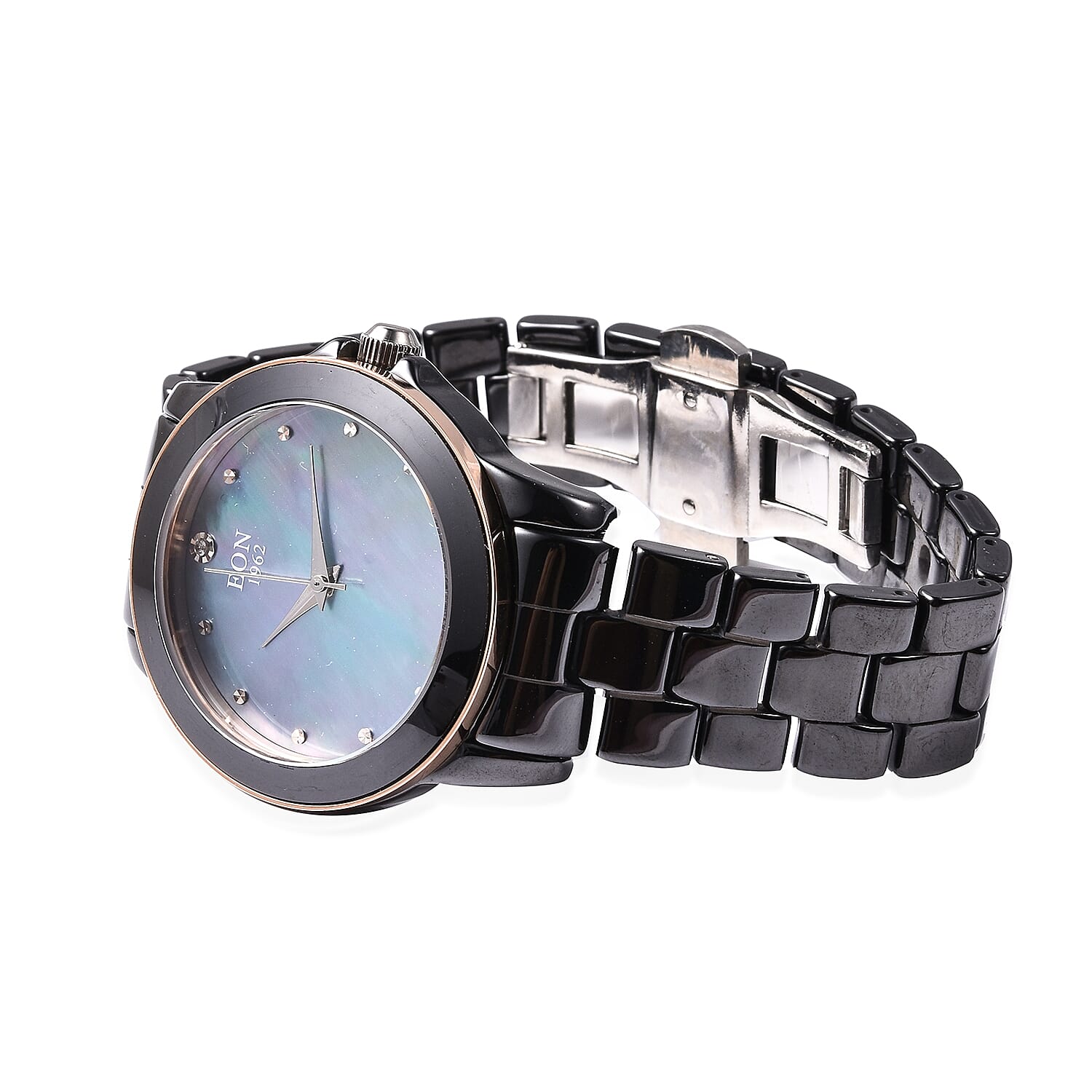 EON 1962 Swiss Movement Water Resistance Diamond Studded Watch with Grey Mother of Pearl Dial, Blue Sapphire Glass and Black Ceramic Strap in Dual Tone Plating