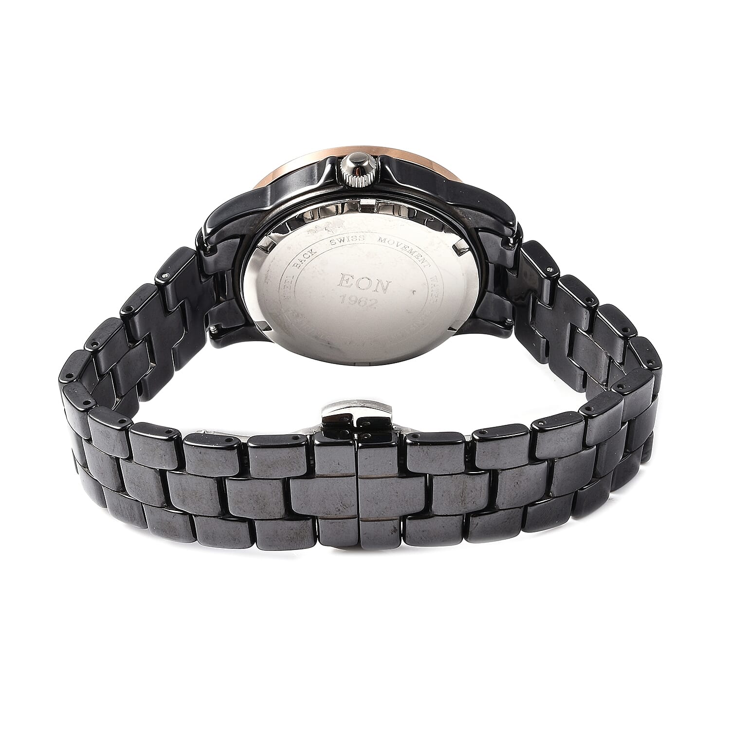 EON 1962 Swiss Movement Water Resistance Diamond Studded Watch with Grey Mother of Pearl Dial, Blue Sapphire Glass and Black Ceramic Strap in Dual Tone Plating