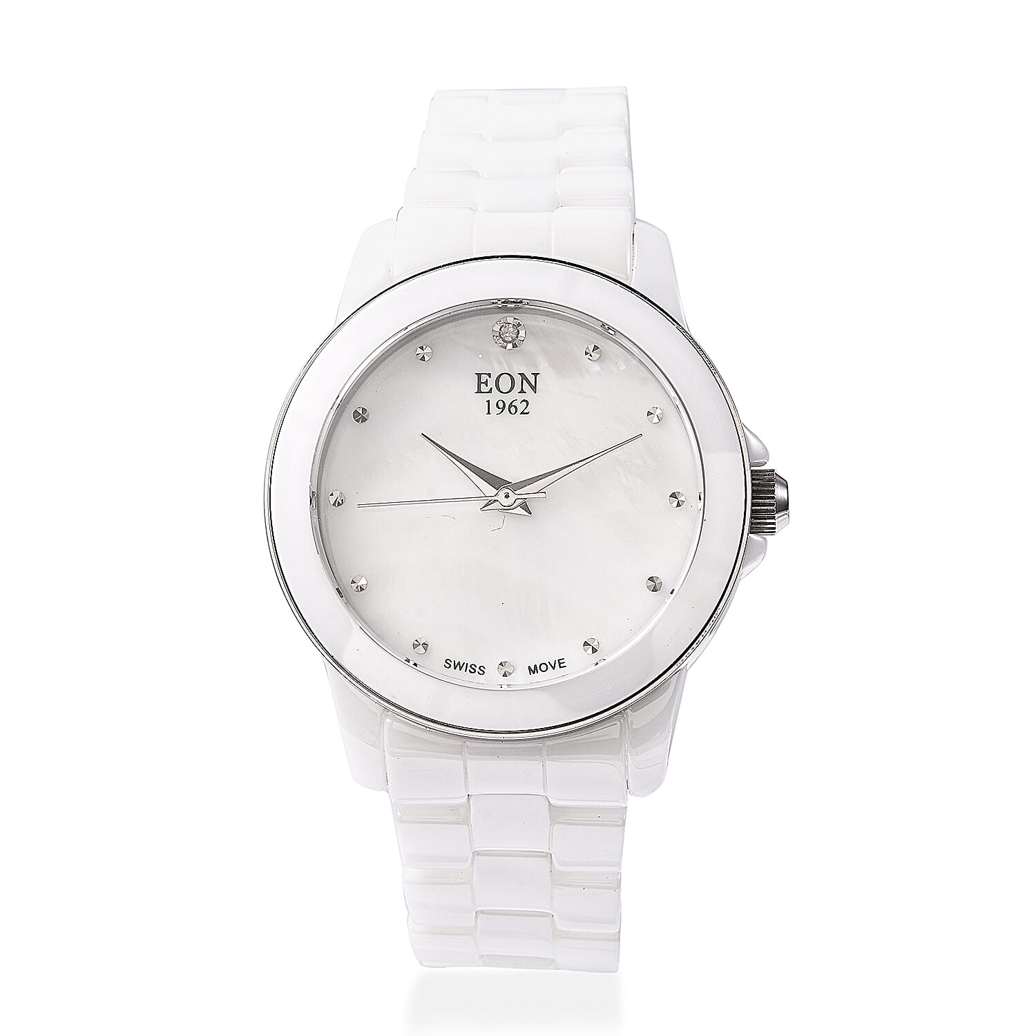 EON 1962 Swiss Movement Water Resistance Diamond Studded Watch with White Mother of Pearl Dial, Blue Sapphire and White Ceramic Strap in Silver Plating
