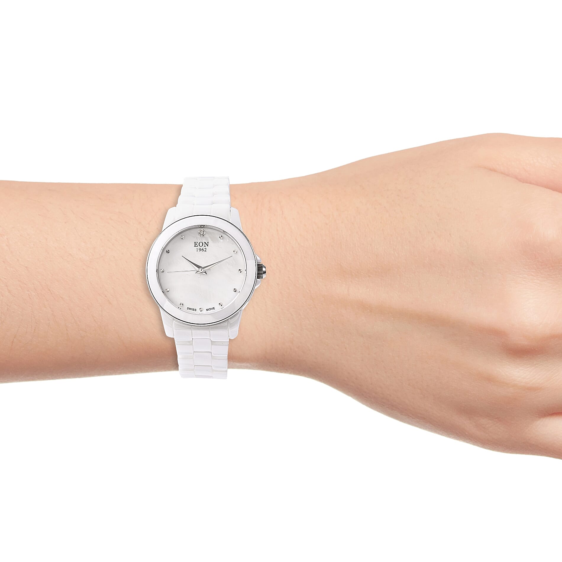 EON 1962 Swiss Movement Water Resistance Diamond Studded Watch with White Mother of Pearl Dial, Blue Sapphire and White Ceramic Strap in Silver Plating