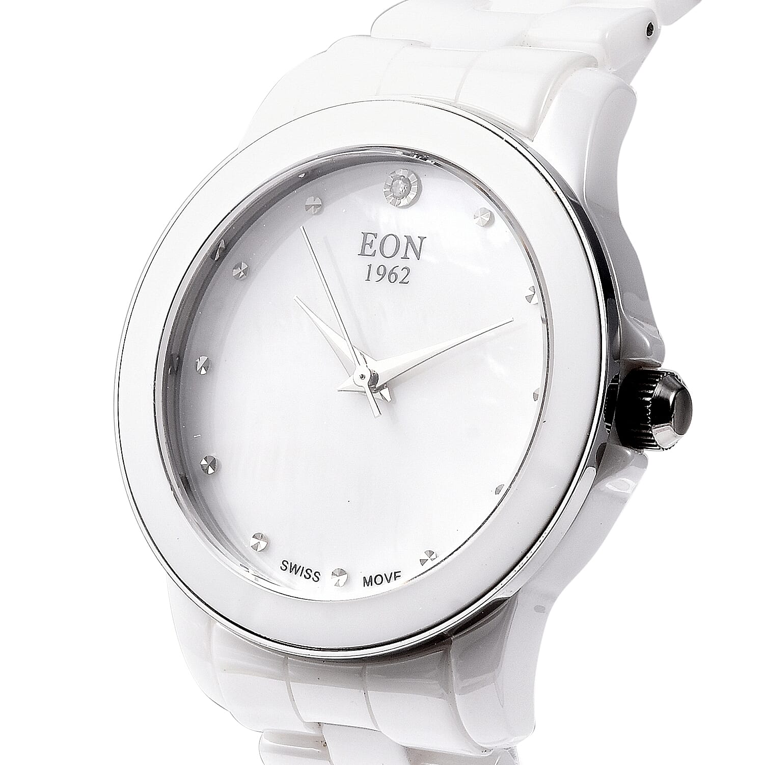 EON 1962 Swiss Movement Water Resistance Diamond Studded Watch with White Mother of Pearl Dial, Blue Sapphire and White Ceramic Strap in Silver Plating